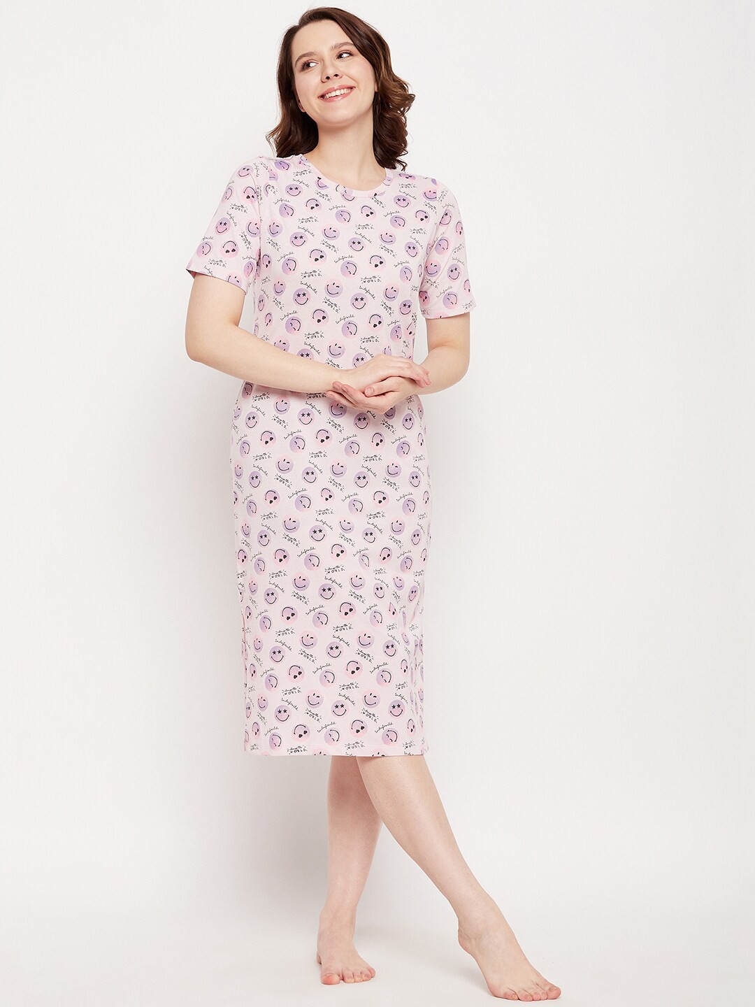 

MADAME M SECRET Printed Pure Cotton T-Shirt Nightdress, Pink