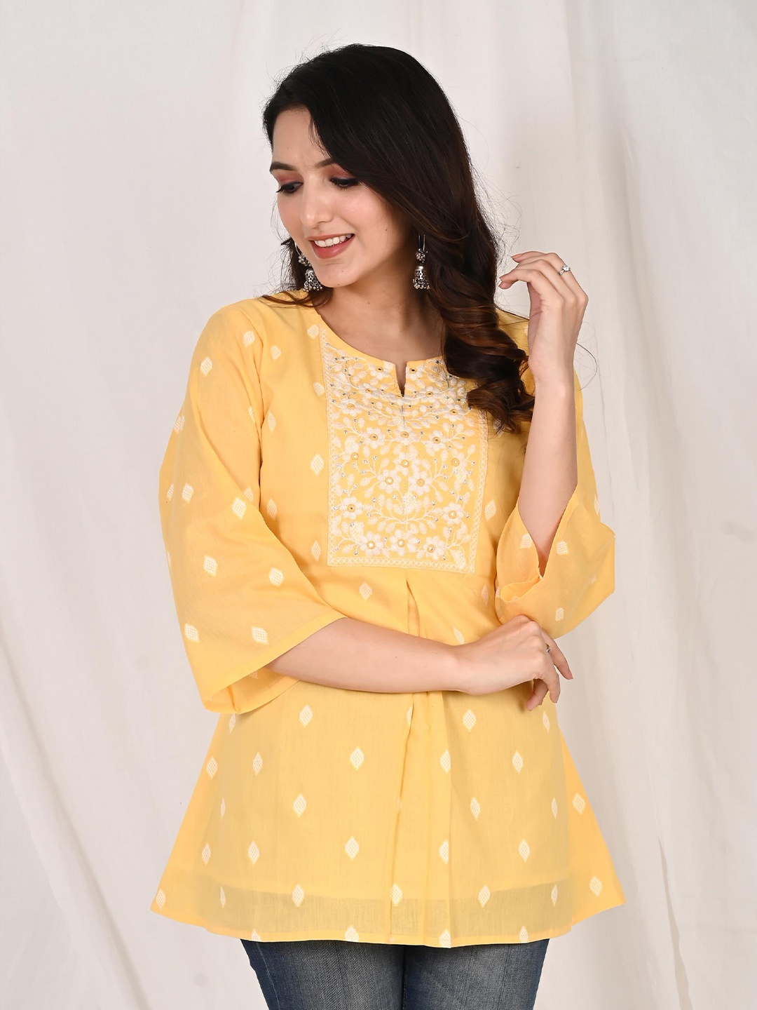 

Do Dhaage Floral Embroidered A-Line Cotton Top, Yellow