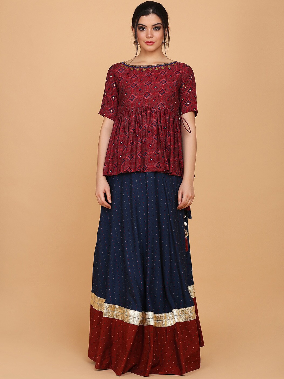 

KALINI Ethnic Motifs Printed Regular Sequined Kurta with Skirt, Maroon