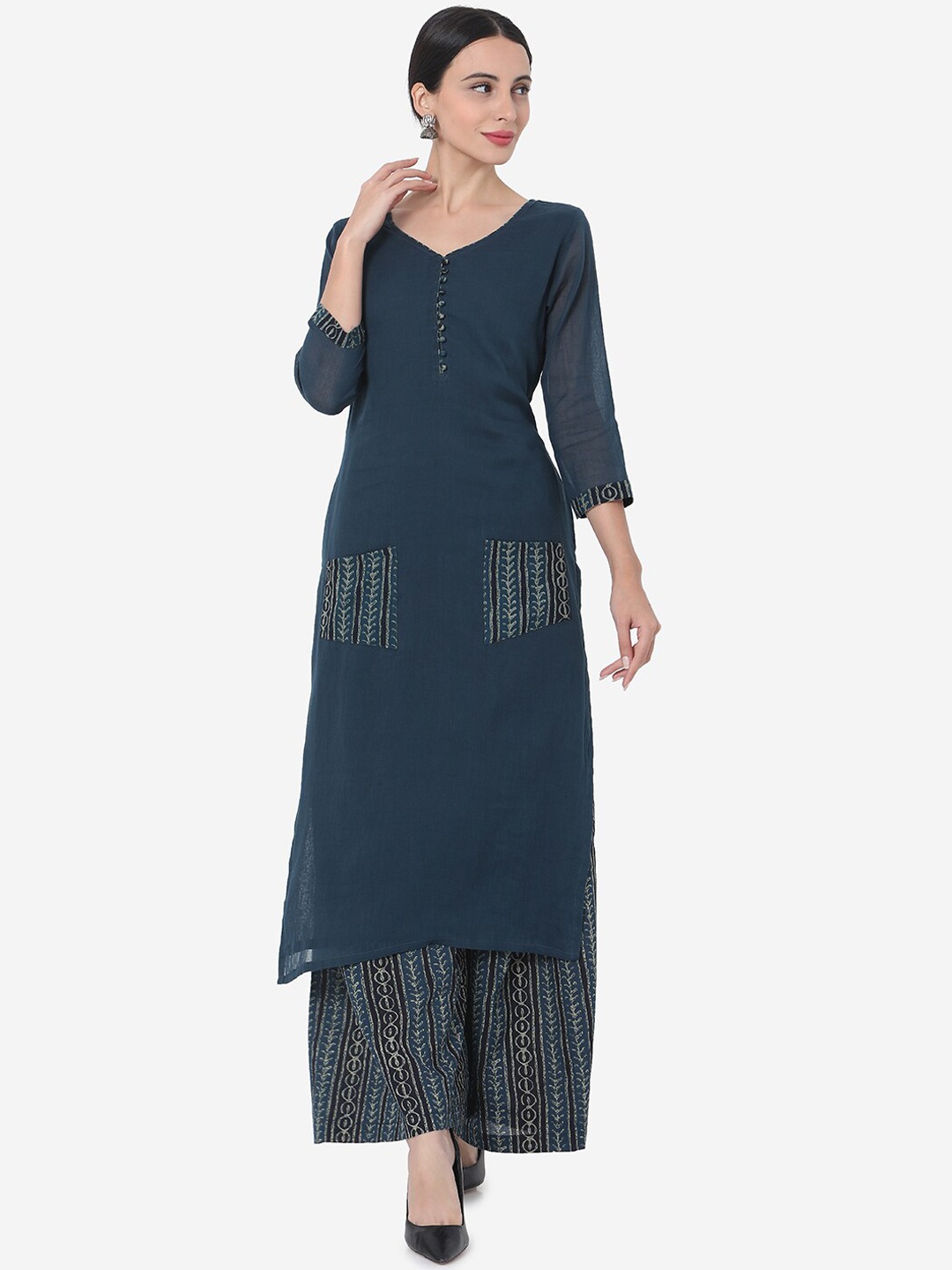 

KALINI V-Neck Regular Pure Cotton Kurta with Palazzos, Blue