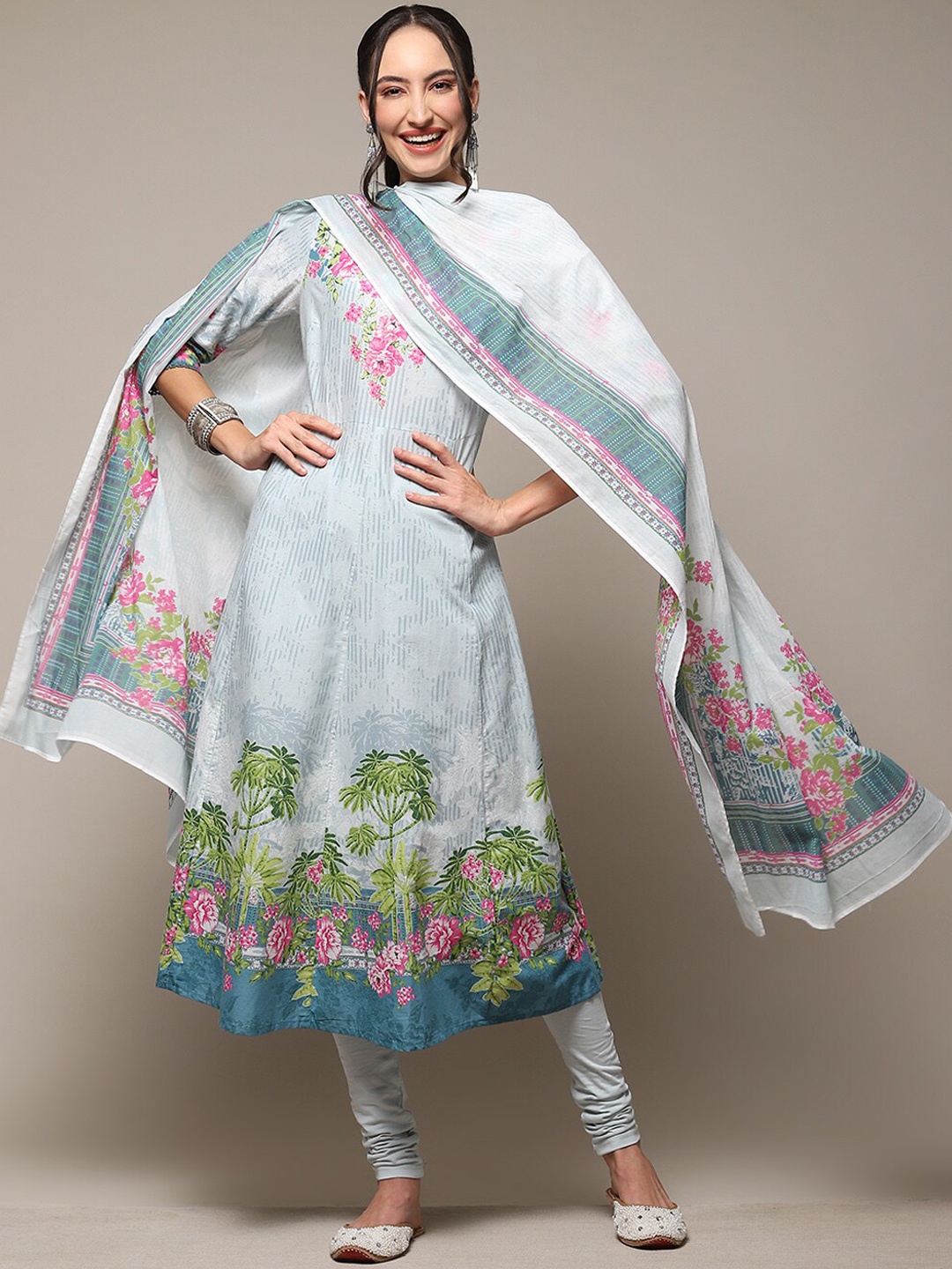 

Biba Floral Printed Regular Kurta With Churidar & Dupatta, Blue