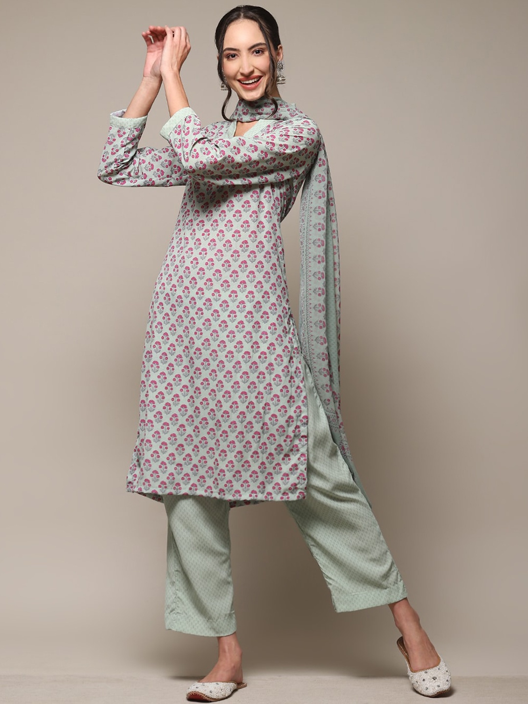 

Biba Floral Printed Regular Kurta with Trousers & With Dupatta, Green