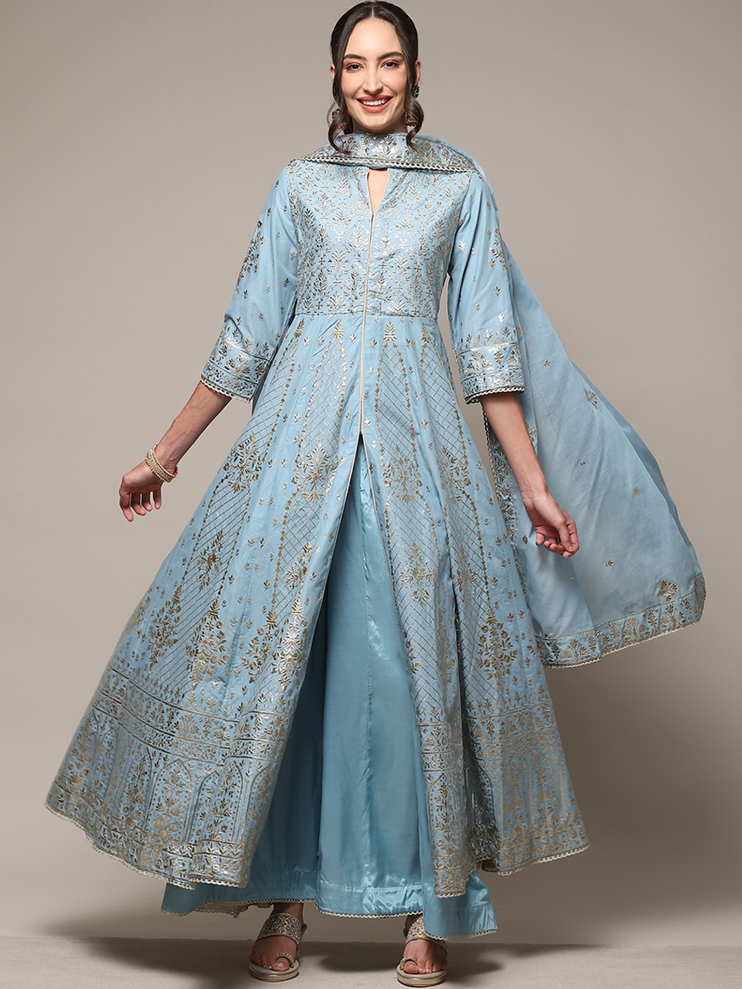

Biba Ethnic Motifs Embroidered High Slit Kurta With Palazzos & Dupatta, Blue