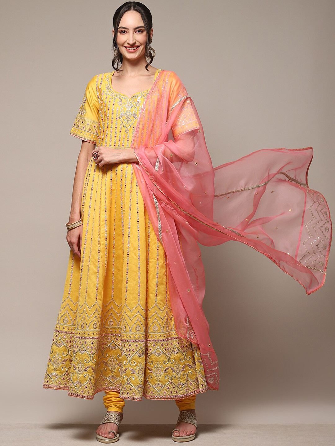 

Biba Ethnic Motifs Embroidered Chanderi Silk Kurta With Churidar & Dupatta, Yellow