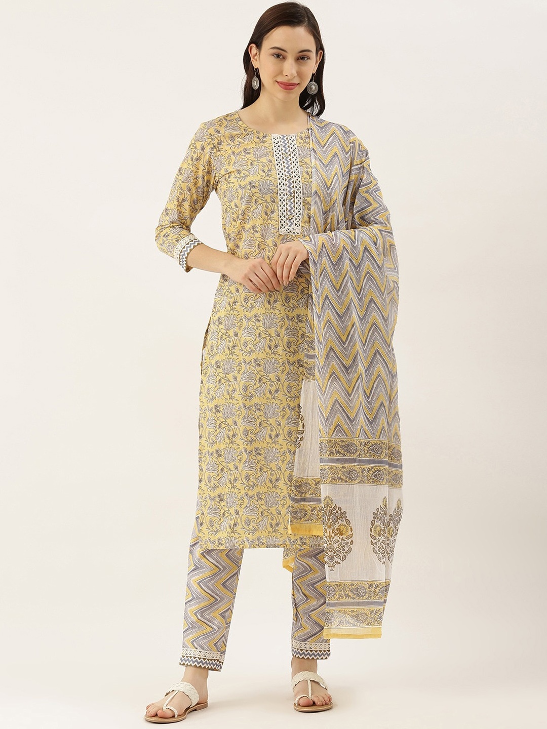 

KALINI Floral Printed Regular Pure Cotton Kurta with Trousers & With Dupatta, Yellow