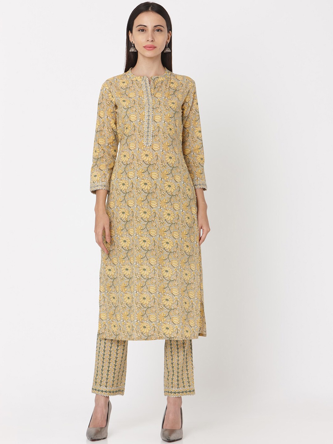 

KALINI Floral Printed Pure Cotton Kurta & Trousers With Dupatta, Olive