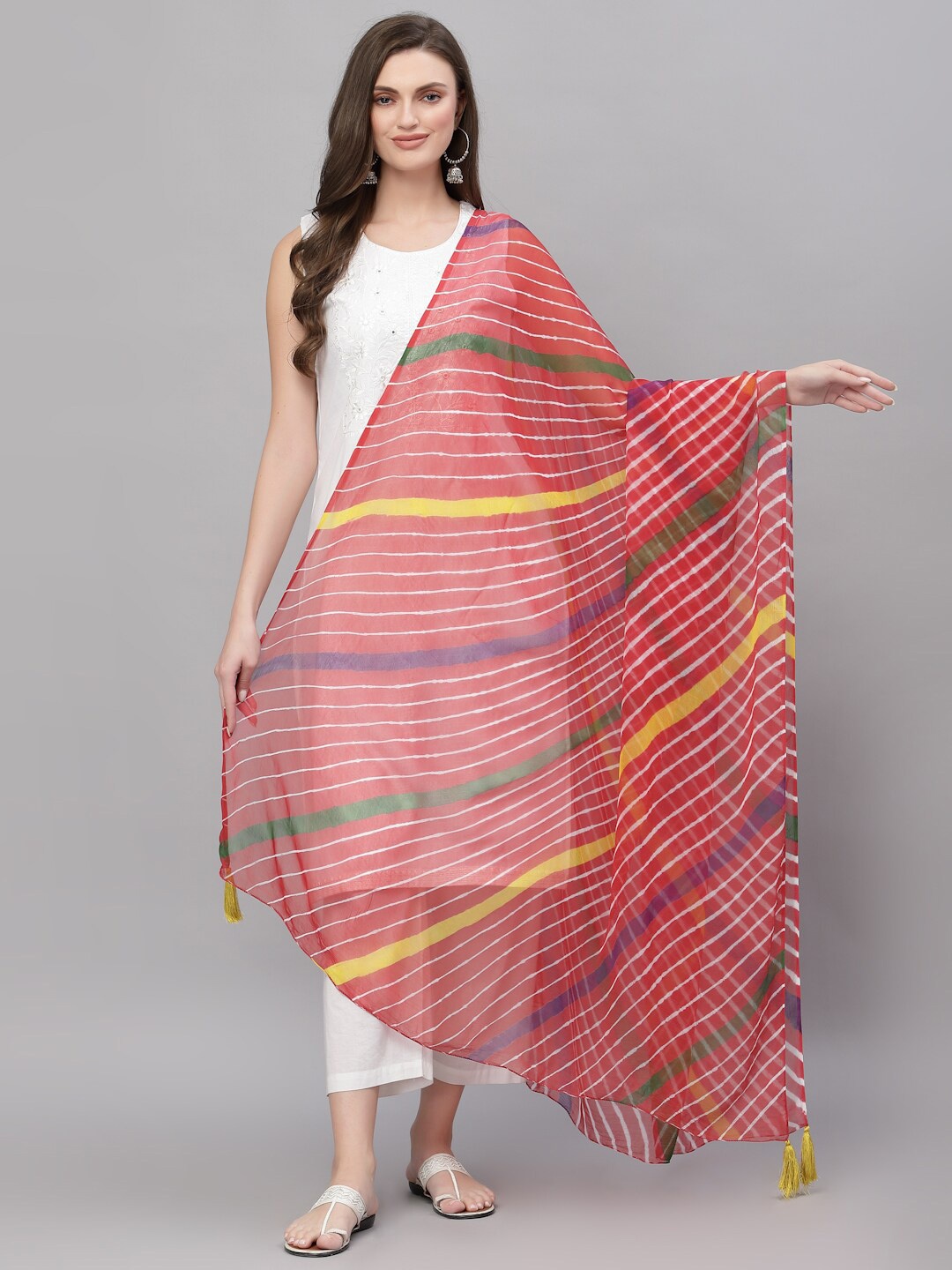 

Ragavi Striped Leheriya Dupatta, Red