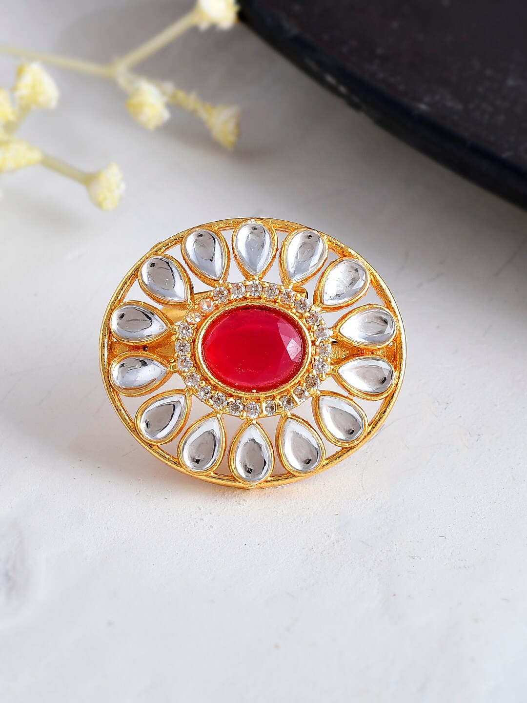 

Silvermerc Designs Gold-Plated & Kundan-Studded Adjustable Finger Ring
