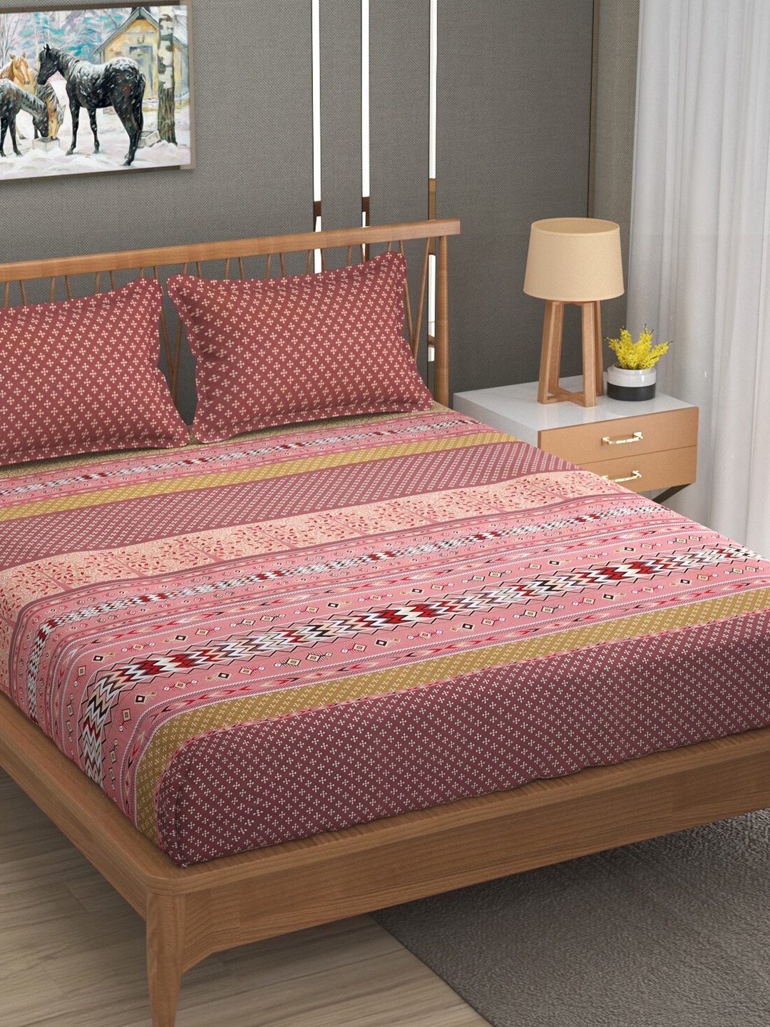 

MAFATLAL Pink & White Floral Cotton 120 TC King Bedsheet With 2 Pillow Covers