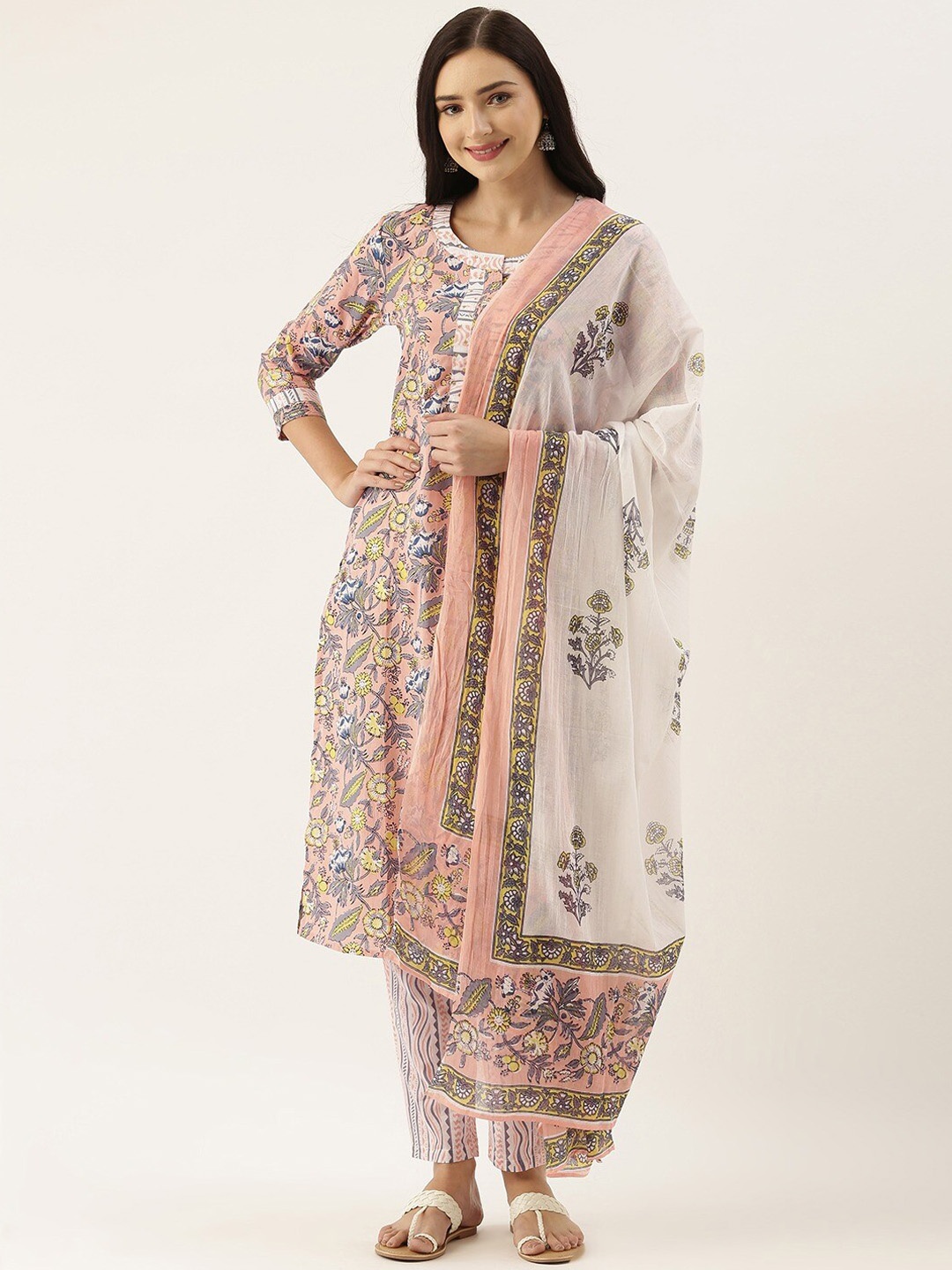 

KALINI Floral Printed Pure Cotton Kurta & Trousers With Dupatta, Peach