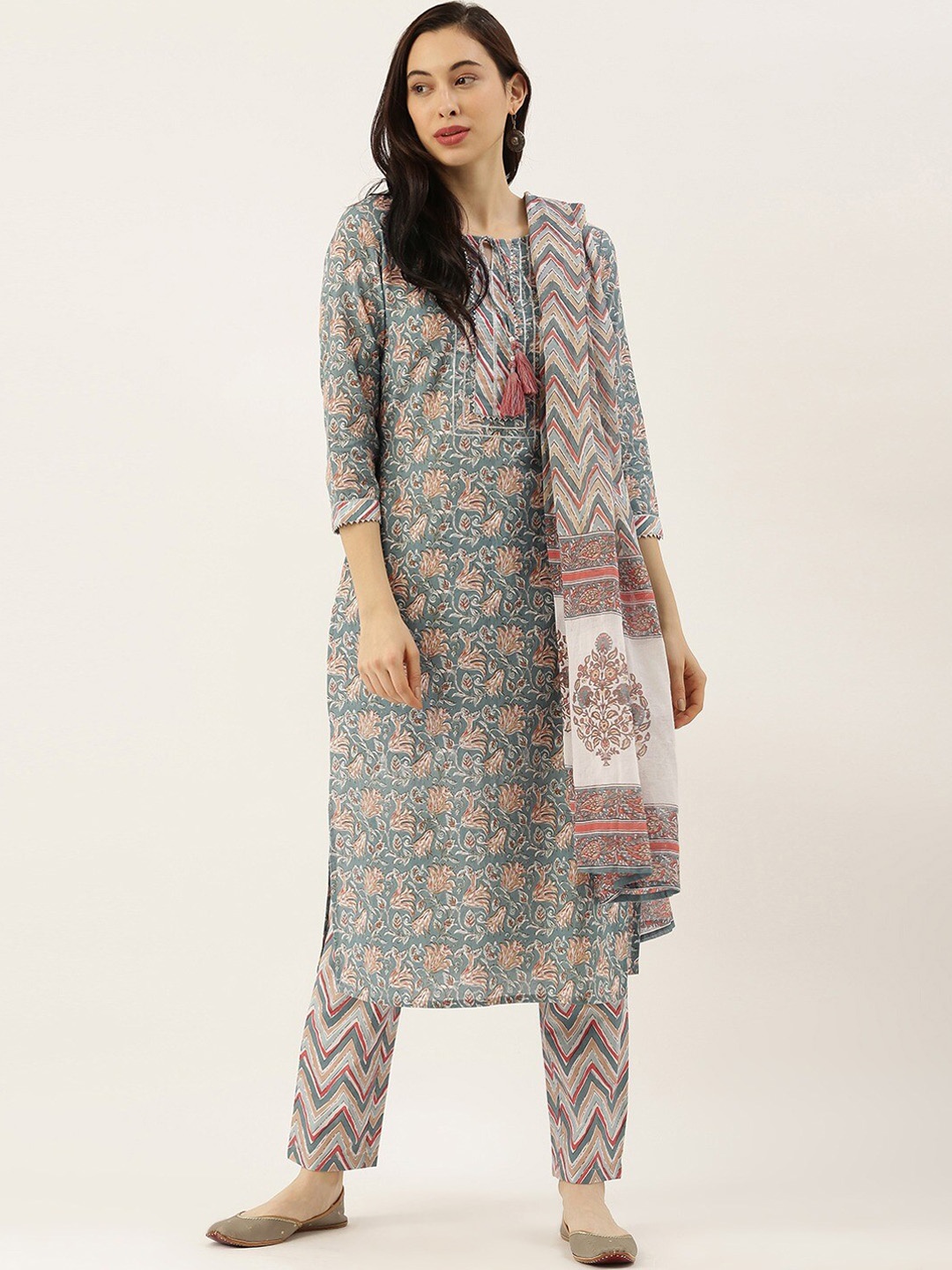 

KALINIEthnic Motifs Printed Pure Cotton Kurta With Trousers & With Dupatta, Green