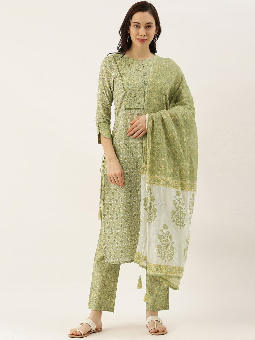 

KALINI Floral Printed Regular Pure Cotton Kurta With Trousers & Dupatta, Green