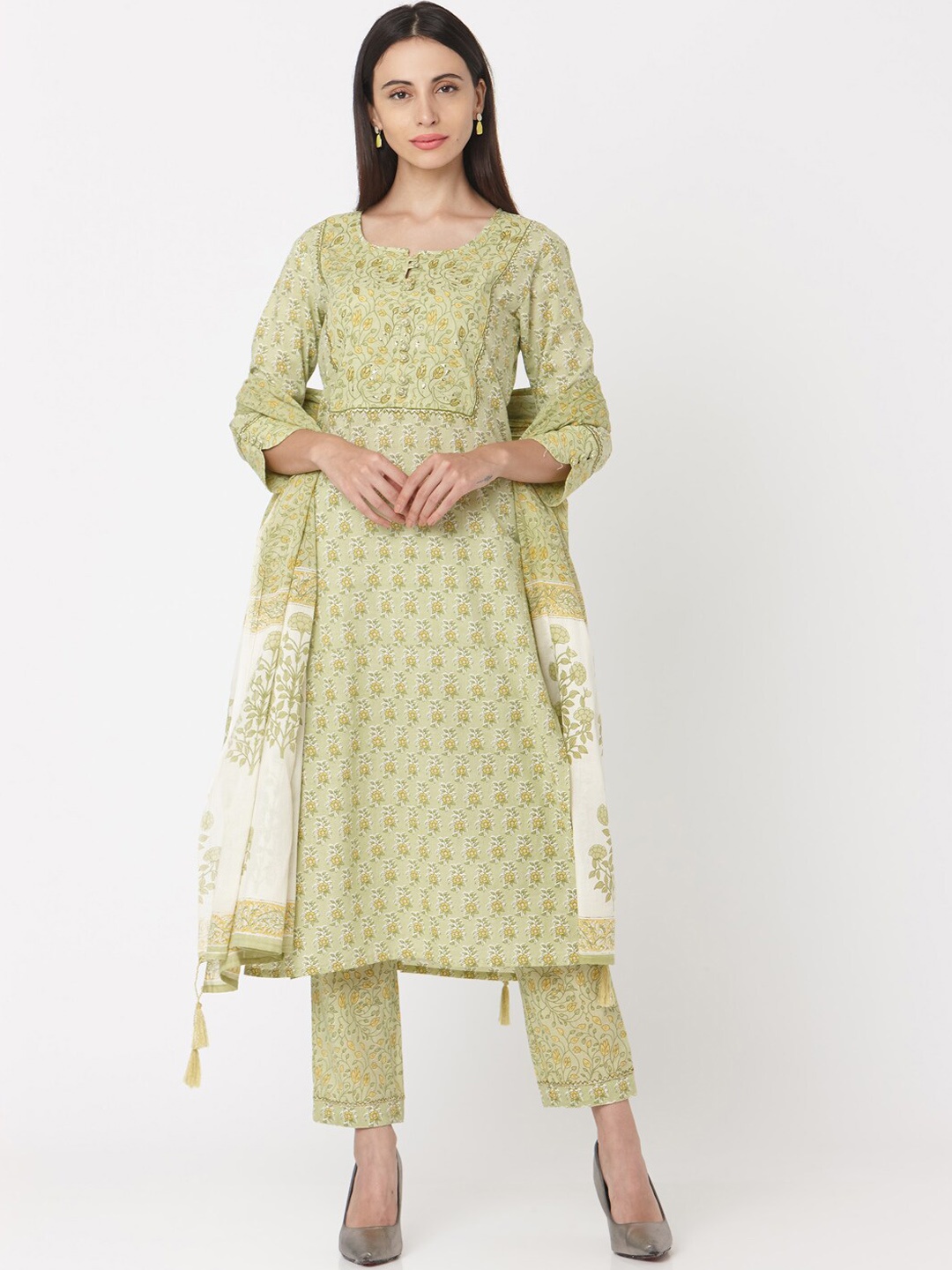 

KALINI Floral Printed Pure Cotton Kurta With Trousers & Dupatta, Green