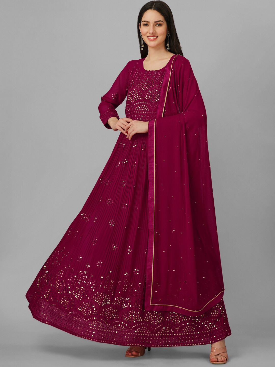 

Nivah Fashion Ethnic Motifs Embroidered Anarkali Sequinned Kurti With Trousers & Dupatta, Pink