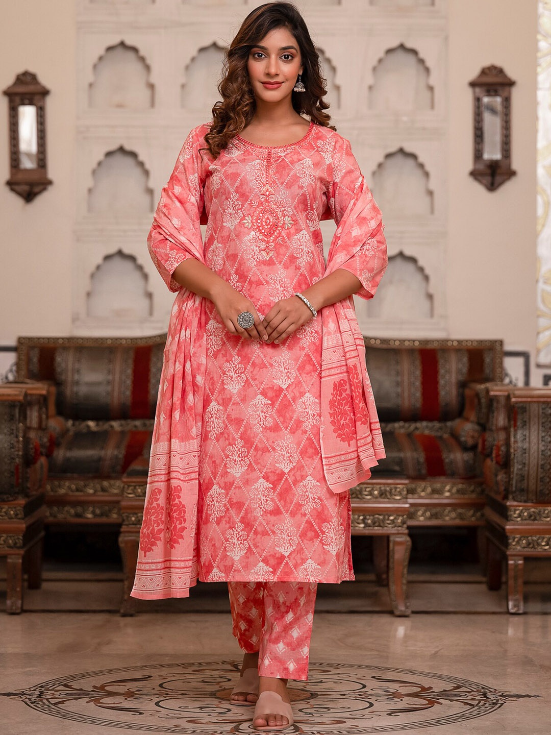 

NITVAN Ethnic Motifs Printed Mirror Work Pure Cotton Kurta with Trousers & With Dupatta, Pink
