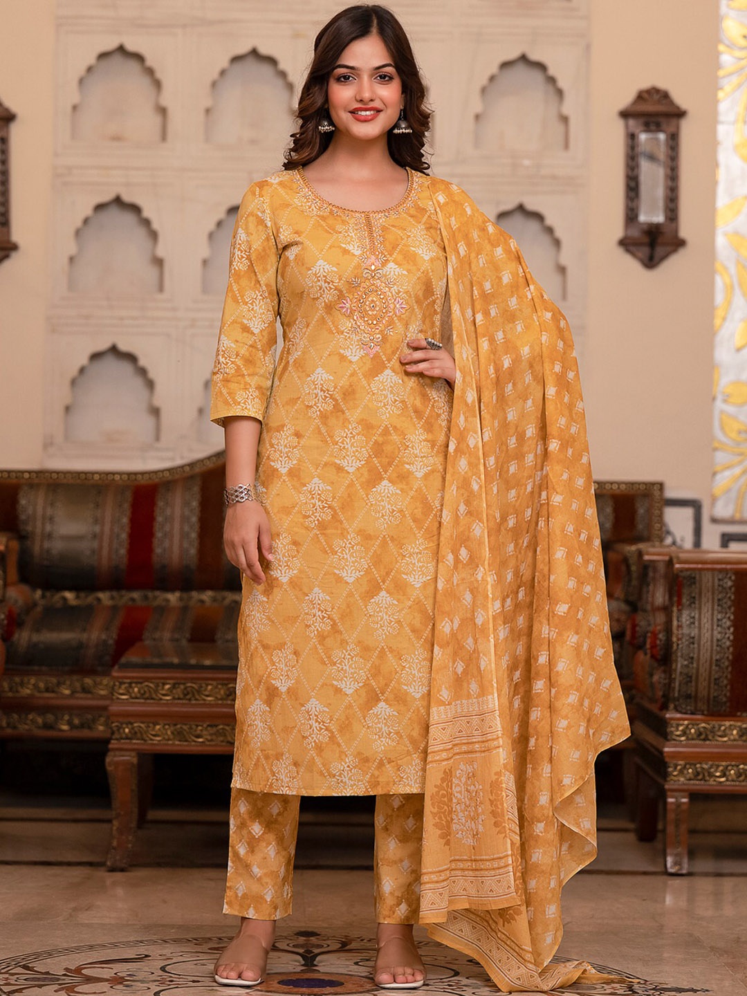 

NITVAN Ethnic Motifs Printed Mirror Work Pure Cotton Kurta with Trousers & With Dupatta, Yellow