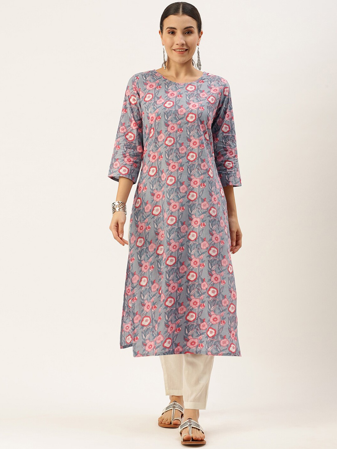 

KALINI Ethnic Motifs Printed Pure Cotton Kurta With Trousers, Grey