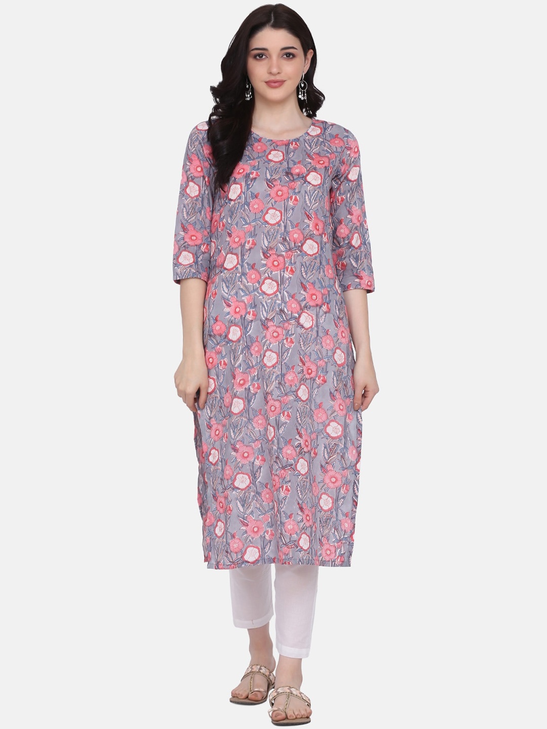 

KALINI Floral Printed Regular Pure Cotton Kurta With Trousers, Grey