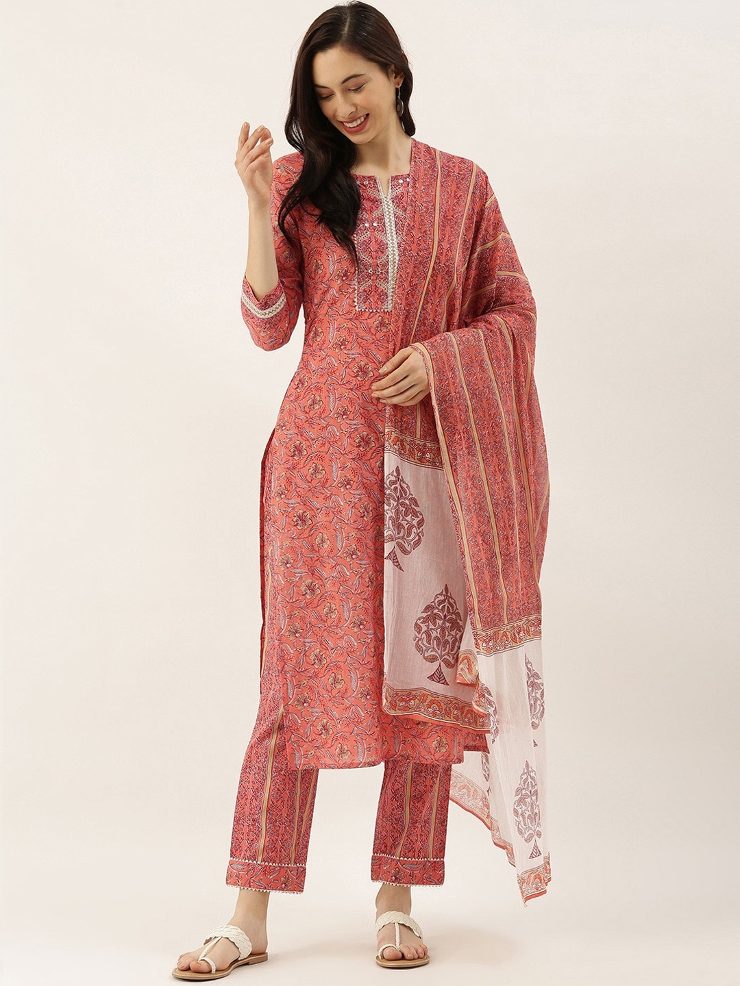 

KALINI Ethnic Motifs Printed Pure Cotton Kurta With Trousers & With Dupatta, Pink