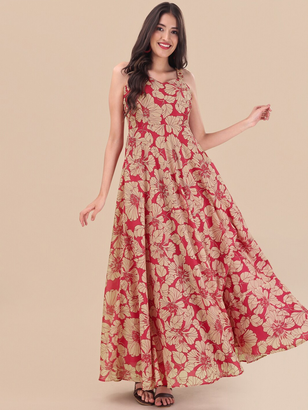 

Inddus Red Floral Printed Sweetheart Neck A-line Maxi Dress