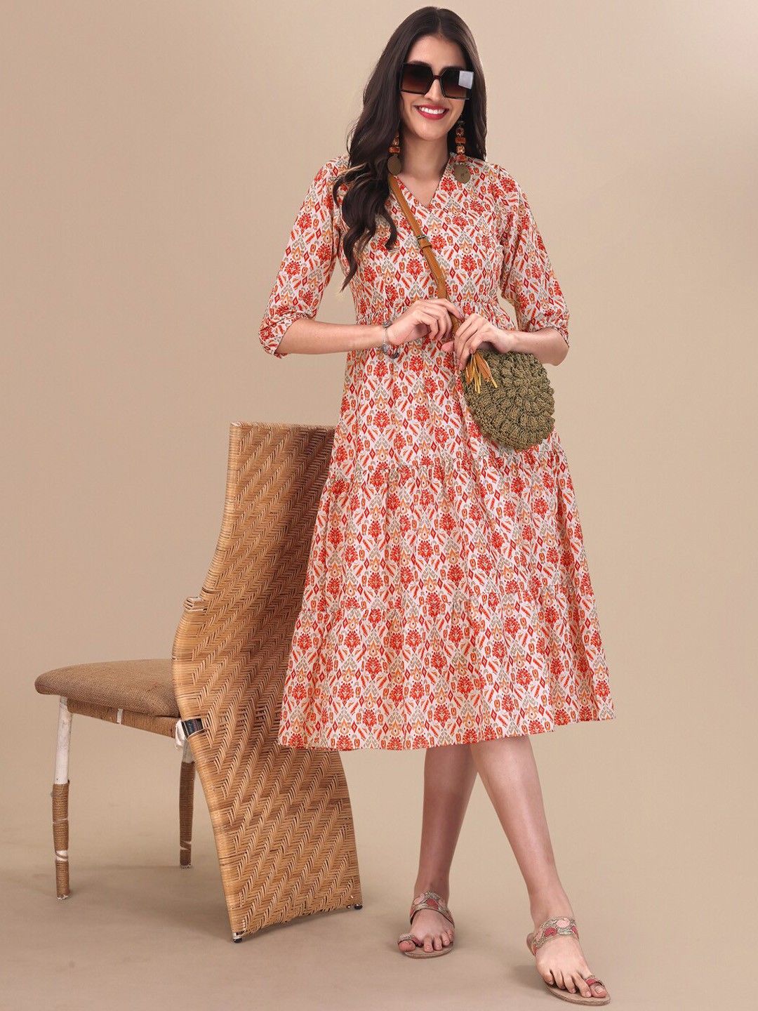 

Inddus Red Tribal Printed Fit and Flare Tiered Midi Ethnic Dress