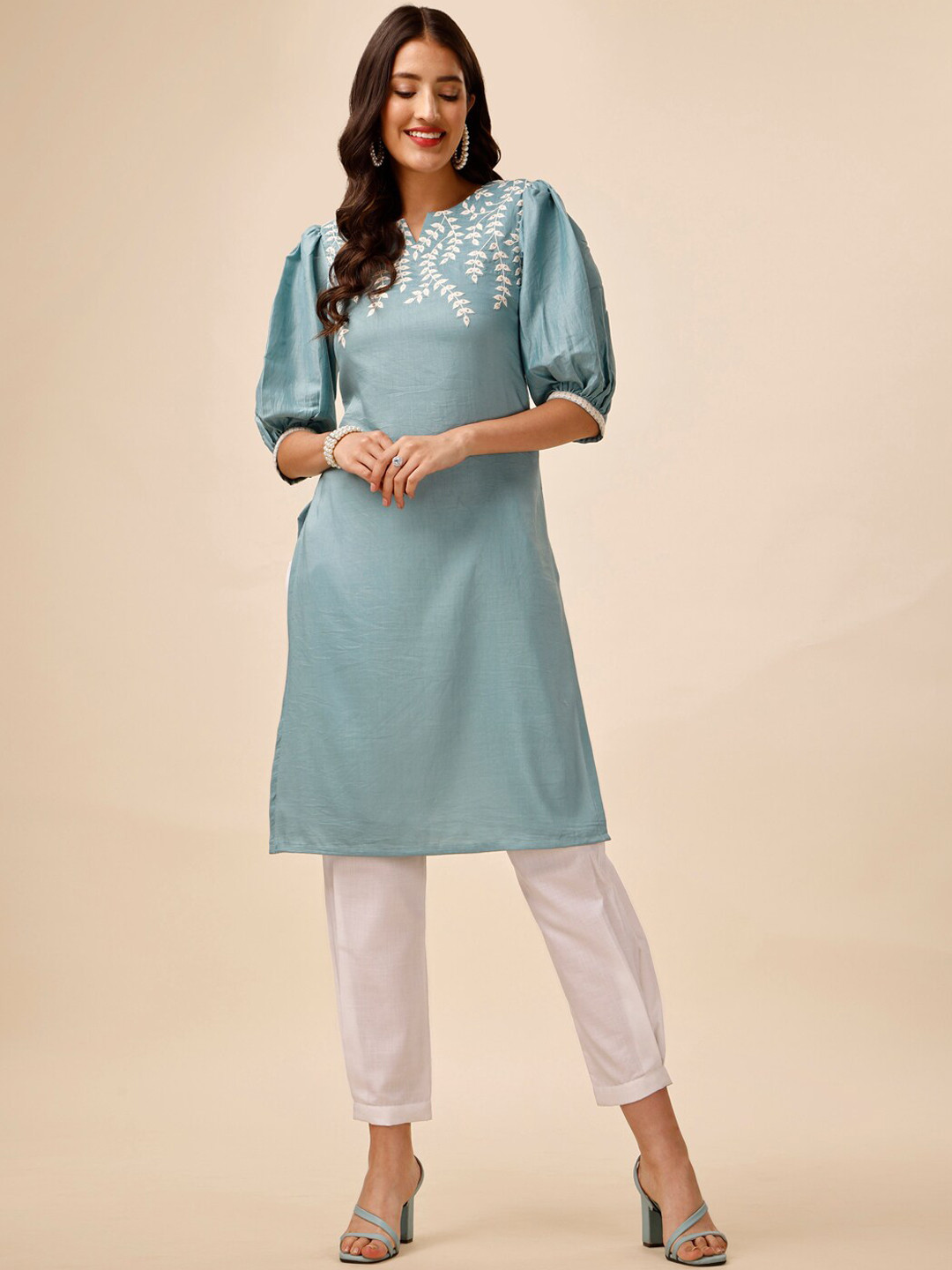 

Inddus Blue Floral Embroidered Thread Work Kurta with Trousers
