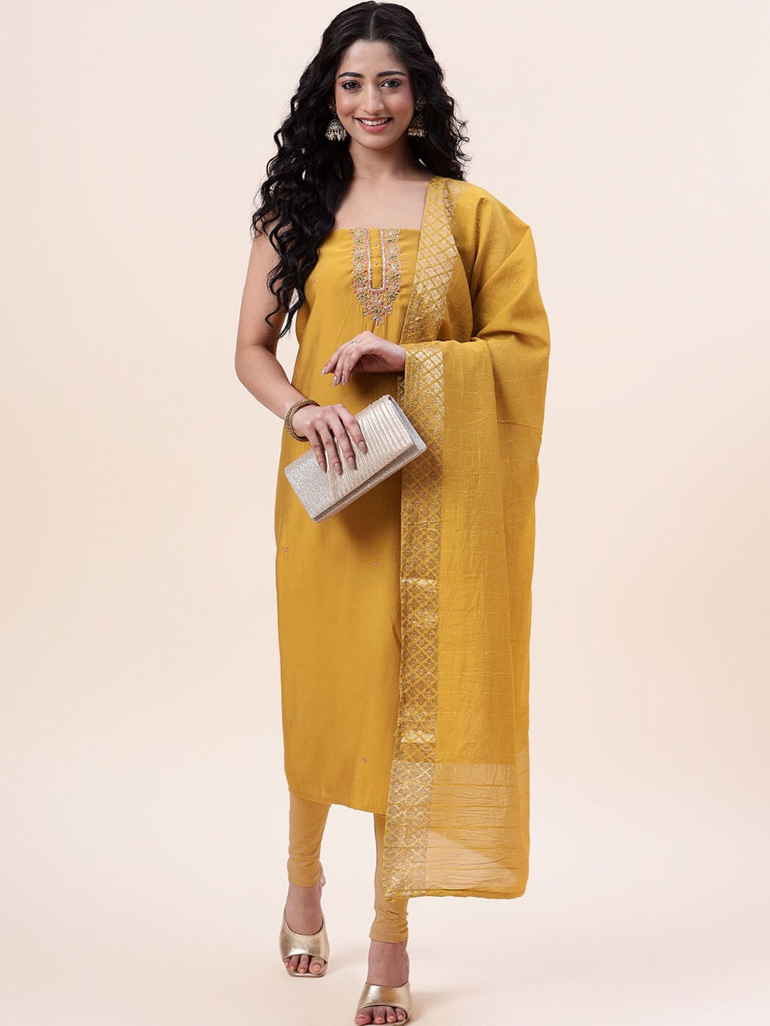 

Meena Bazaar Embroidered Unstitched Art Silk Dress Material, Mustard