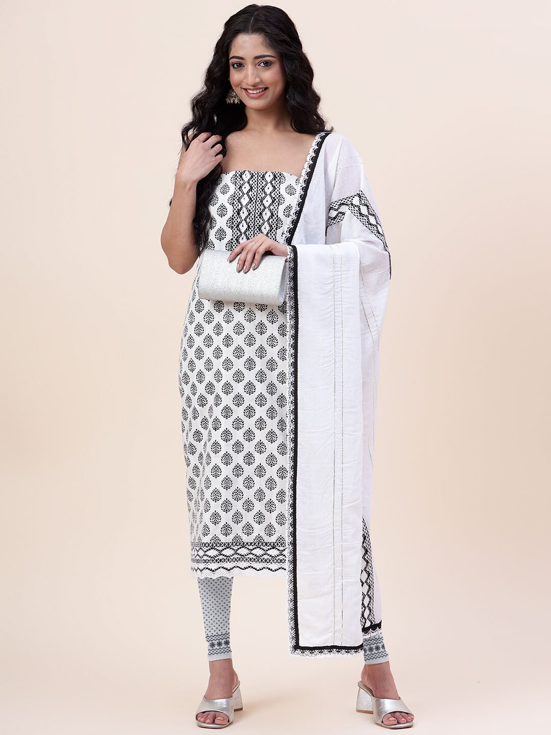 

Meena Bazaar Printed Unstitched Dress Material, Cream