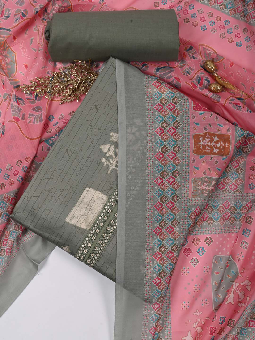 

Meena Bazaar Printed Unstitched Dress Material, Green