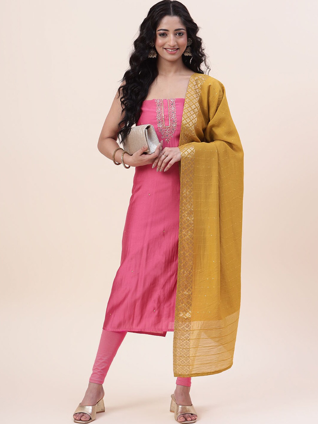 

Meena Bazaar Embroidered Unstitched Art Silk Dress Material, Pink