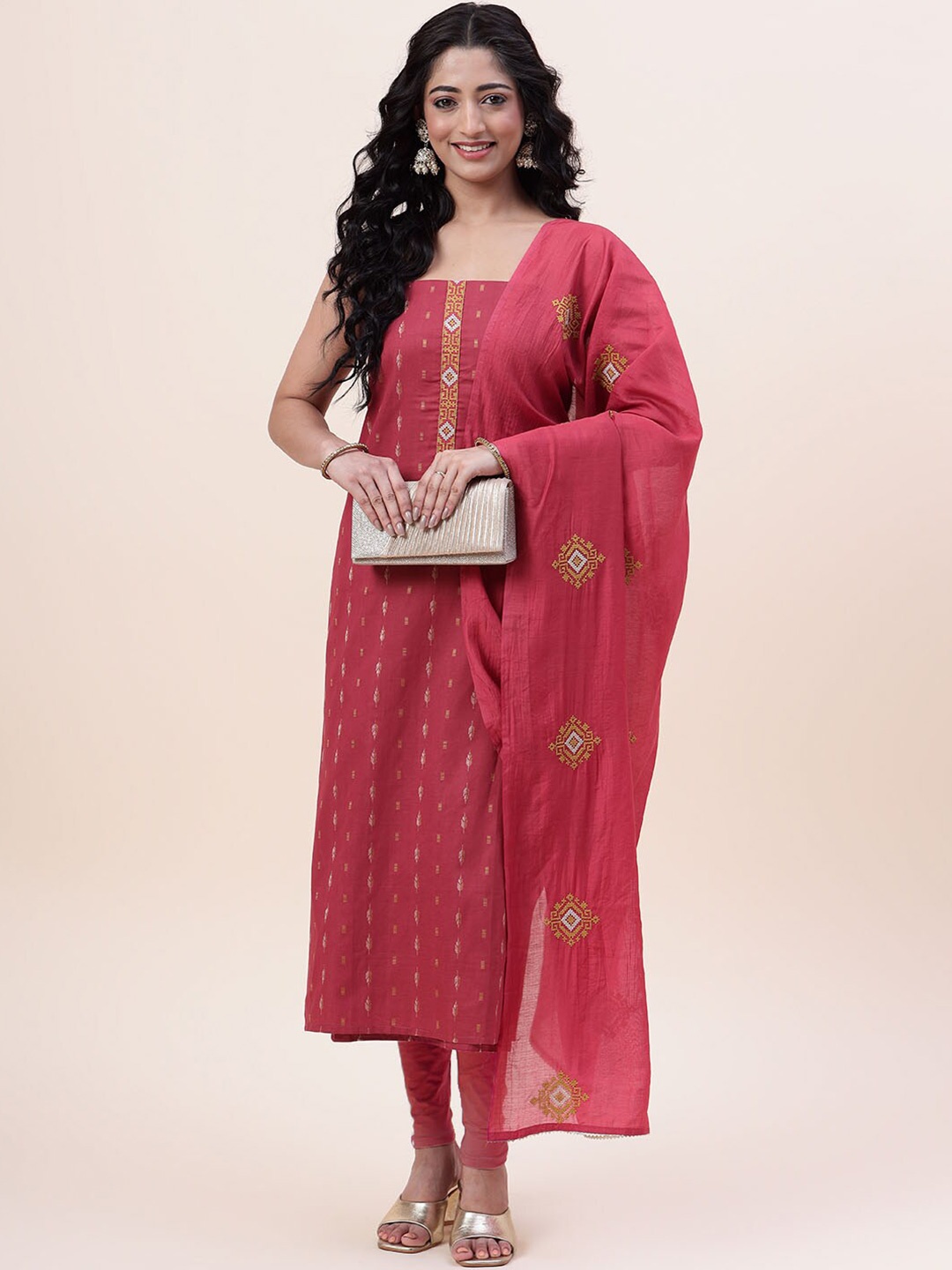 

Meena Bazaar Ethnic Motifs Printed Thread Work Unstitched Dress Material, Pink