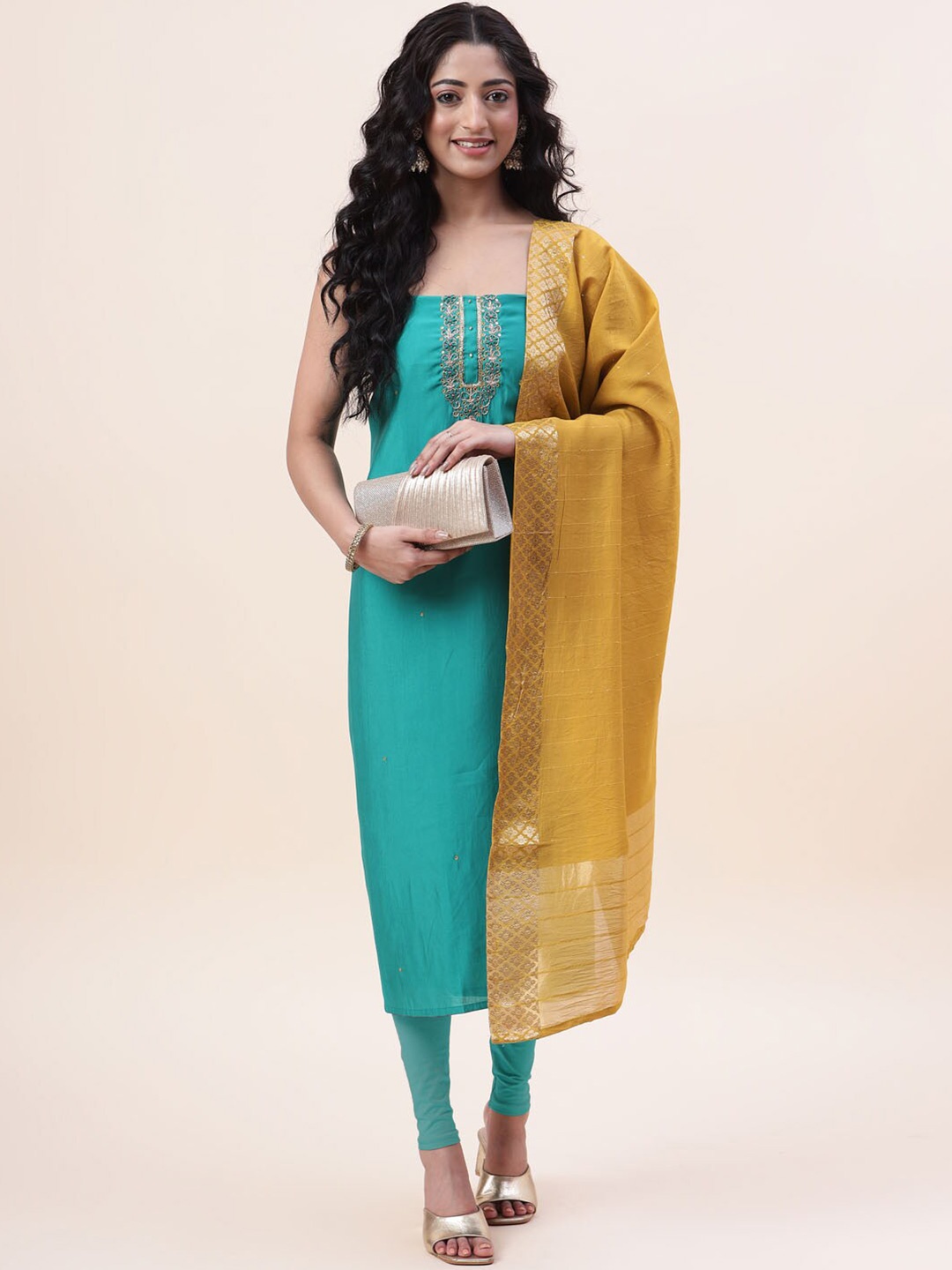 

Meena Bazaar Embroidered Sequined Art Silk Unstitched Dress Material, Turquoise blue