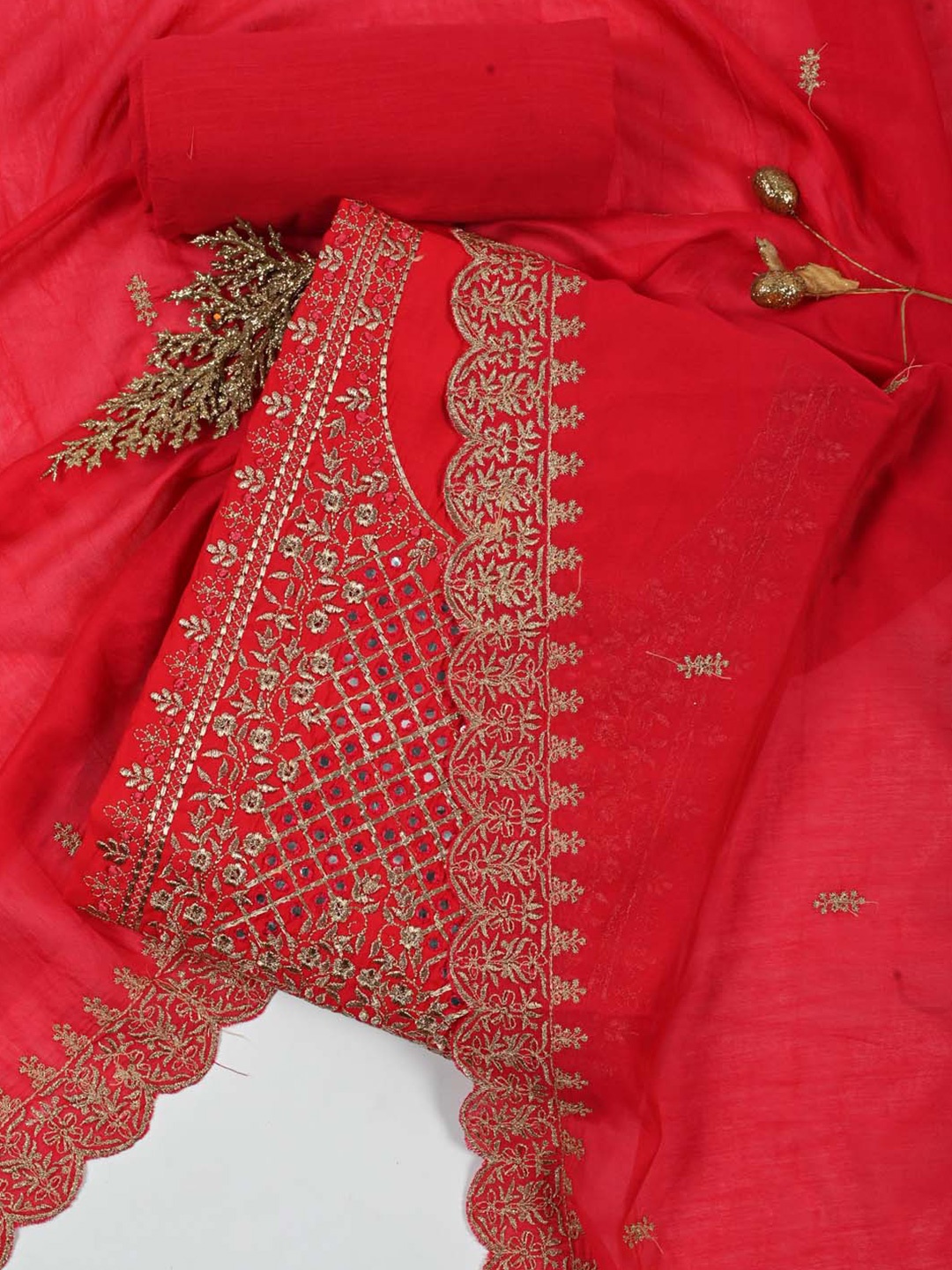 

Meena Bazaar Embroidered Sequined Art Silk Unstitched Dress Material, Red