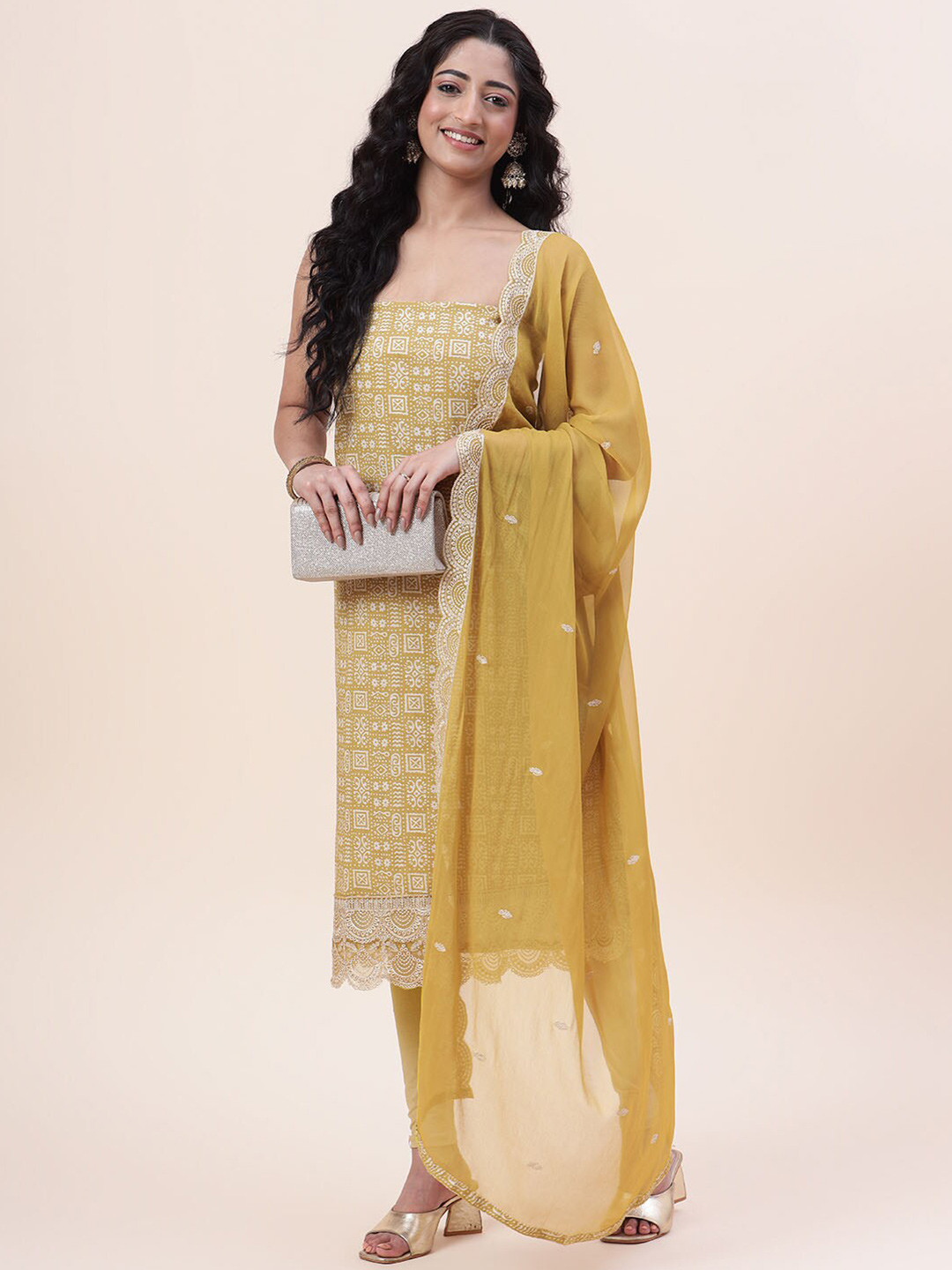 

Meena Bazaar Ethnic Motifs Printed Unstitched Dress Material, Mustard