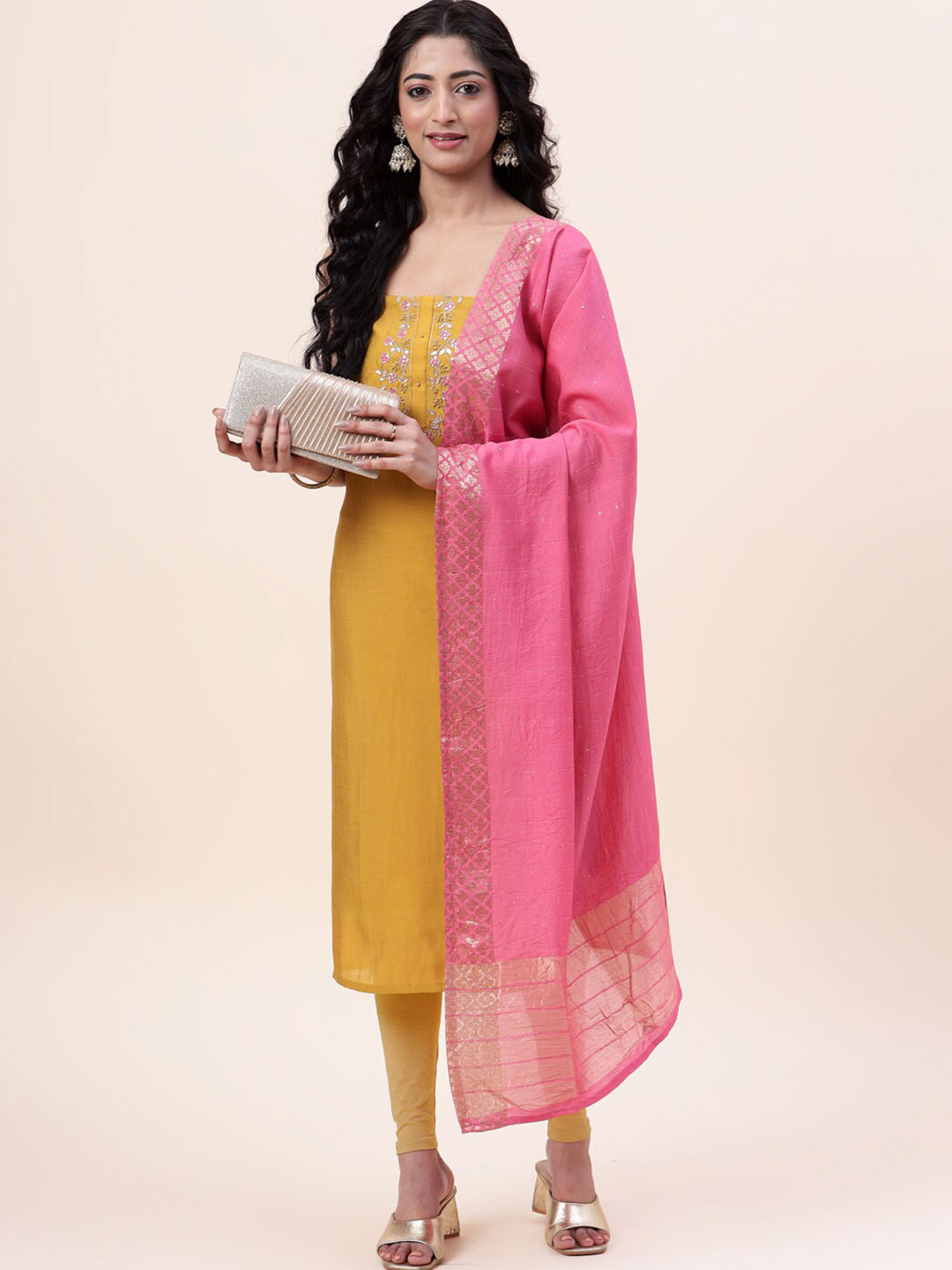 

Meena Bazaar Embroidered Sequined Art Silk Unstitched Dress Material, Mustard