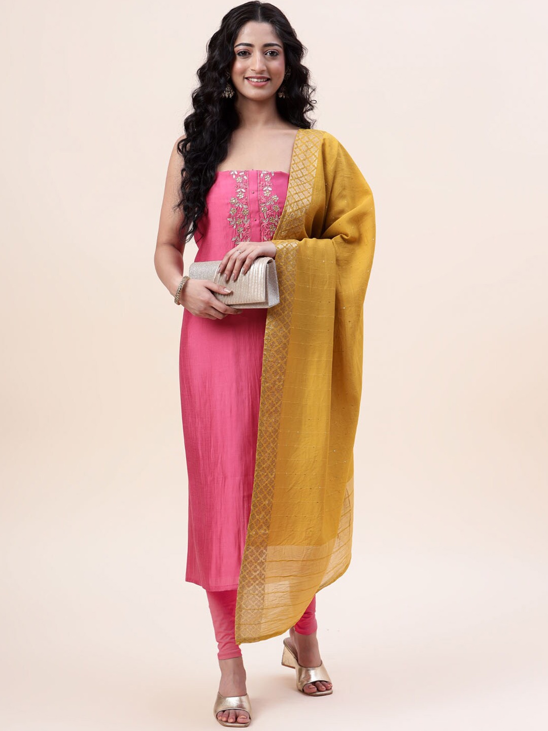 

Meena Bazaar Embroidered Unstitched Art Silk Dress Material, Pink