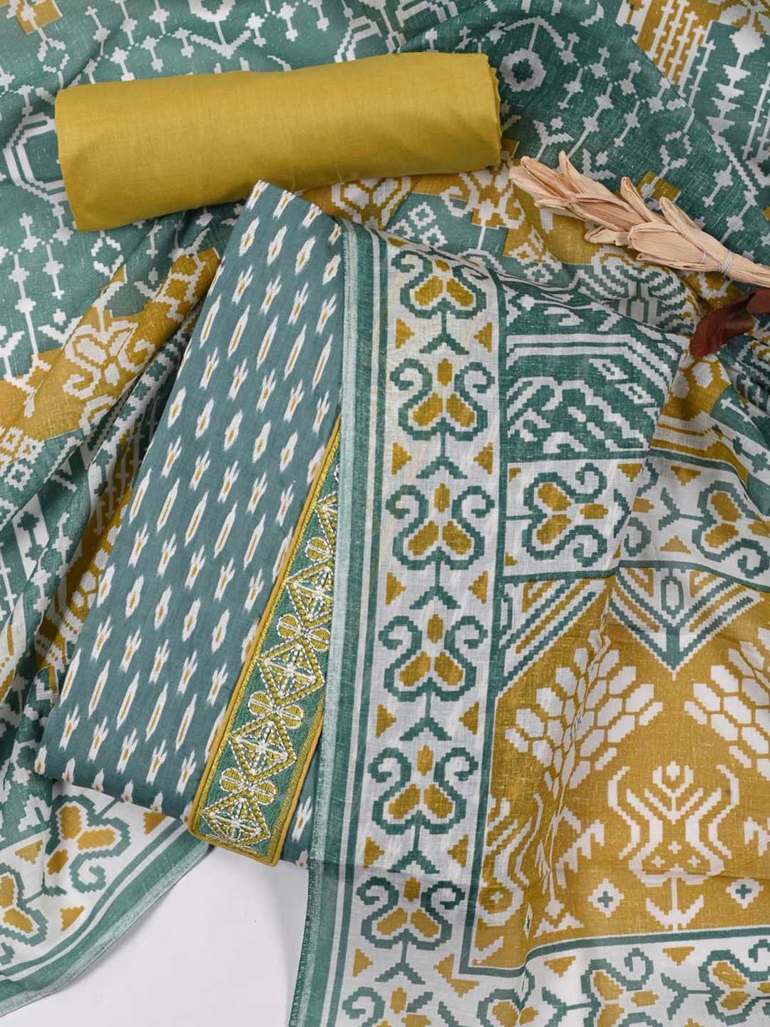 

Meena Bazaar Ethnic Motifs Printed Thread Work Unstitched Dress Material, Teal