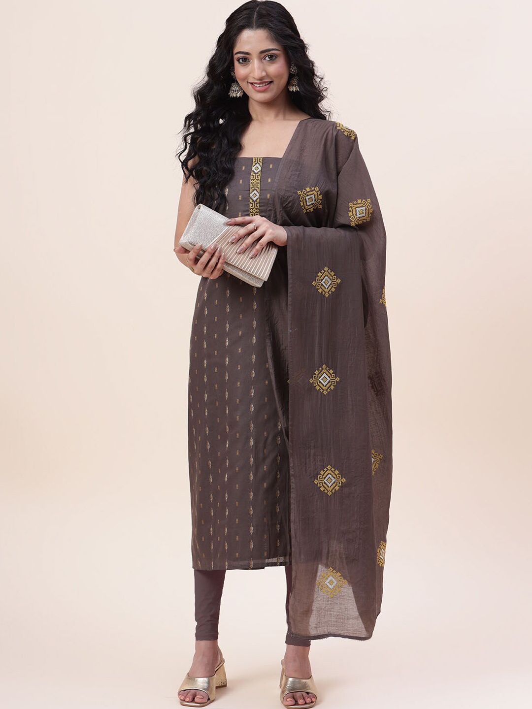 

Meena Bazaar Printed Unstitched Dress Material, Brown