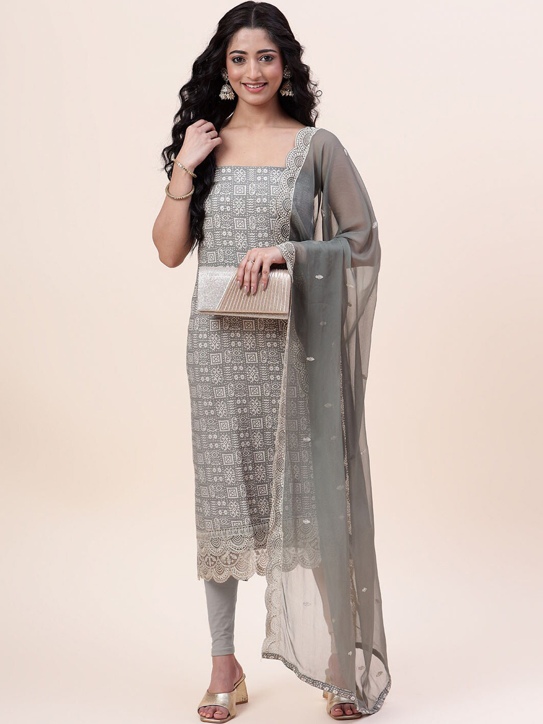 

Meena Bazaar Ethnic Motifs Printed Unstitched Dress Material, Grey