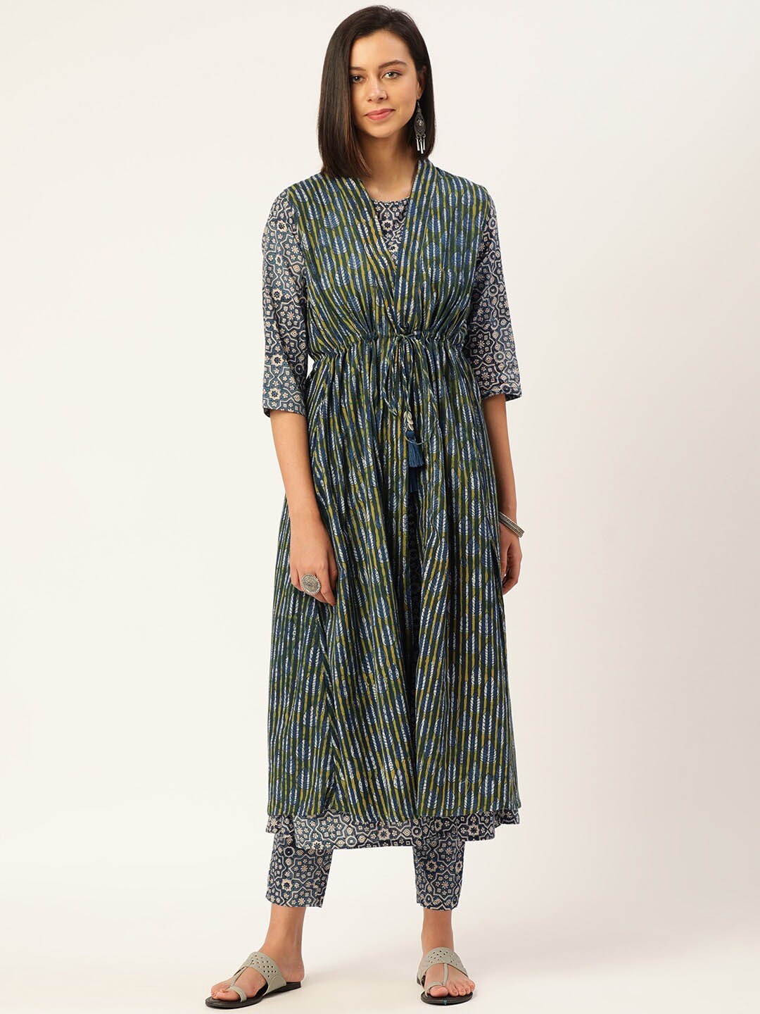 

KALINI Ethnic Motifs Printed Pure Cotton Kurta With Trousers, Blue