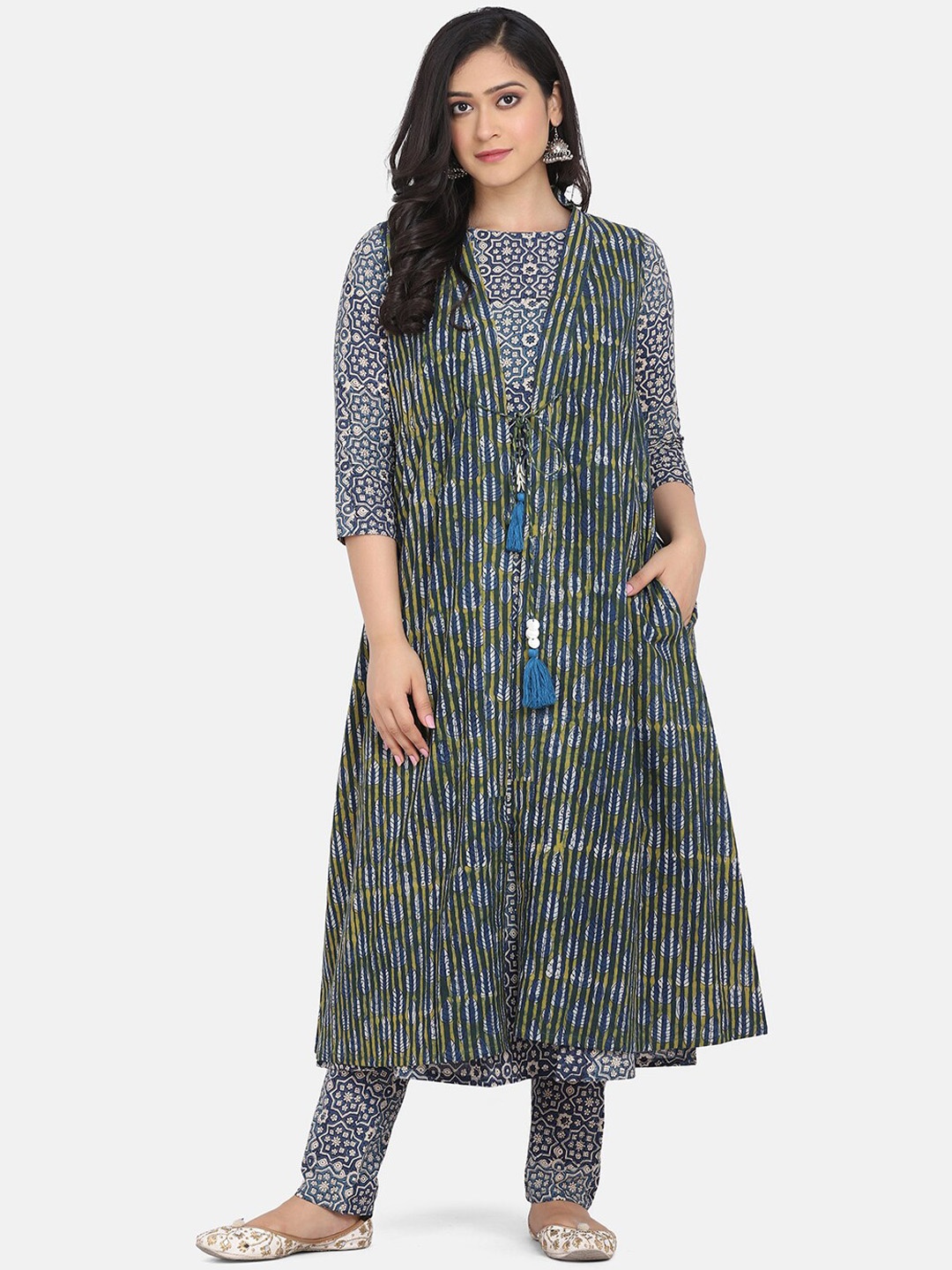 

KALINI Ethnic Motifs Printed Layered Pure Cotton Kurta with Trousers & Shrug, Blue