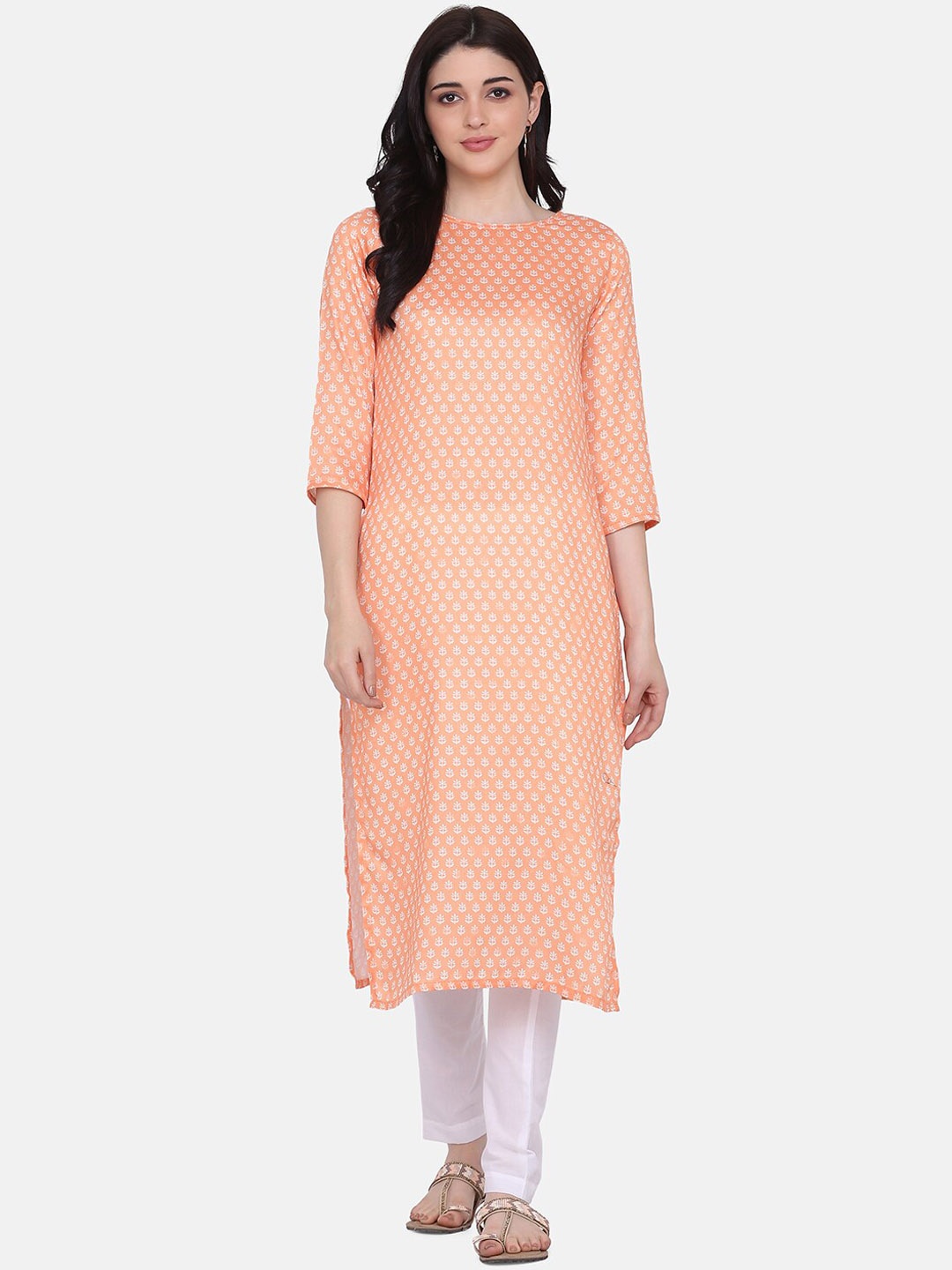 

KALINI Ethnic Motifs Printed Regular Pure Cotton Kurta With Trousers, Orange