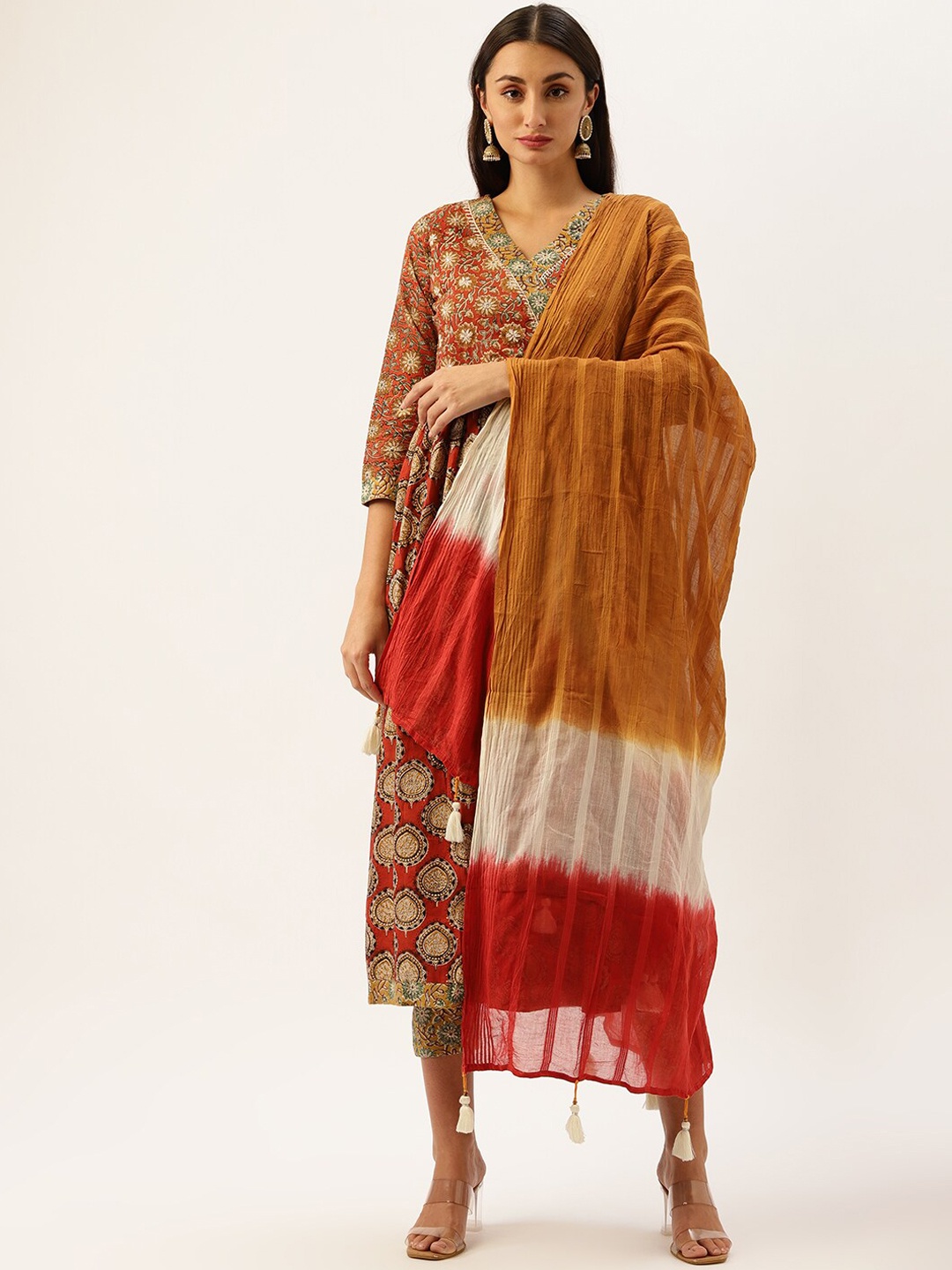 

KALINI Floral Printed Empire Pure Cotton Kurta With Trousers & Dupatta, Brown