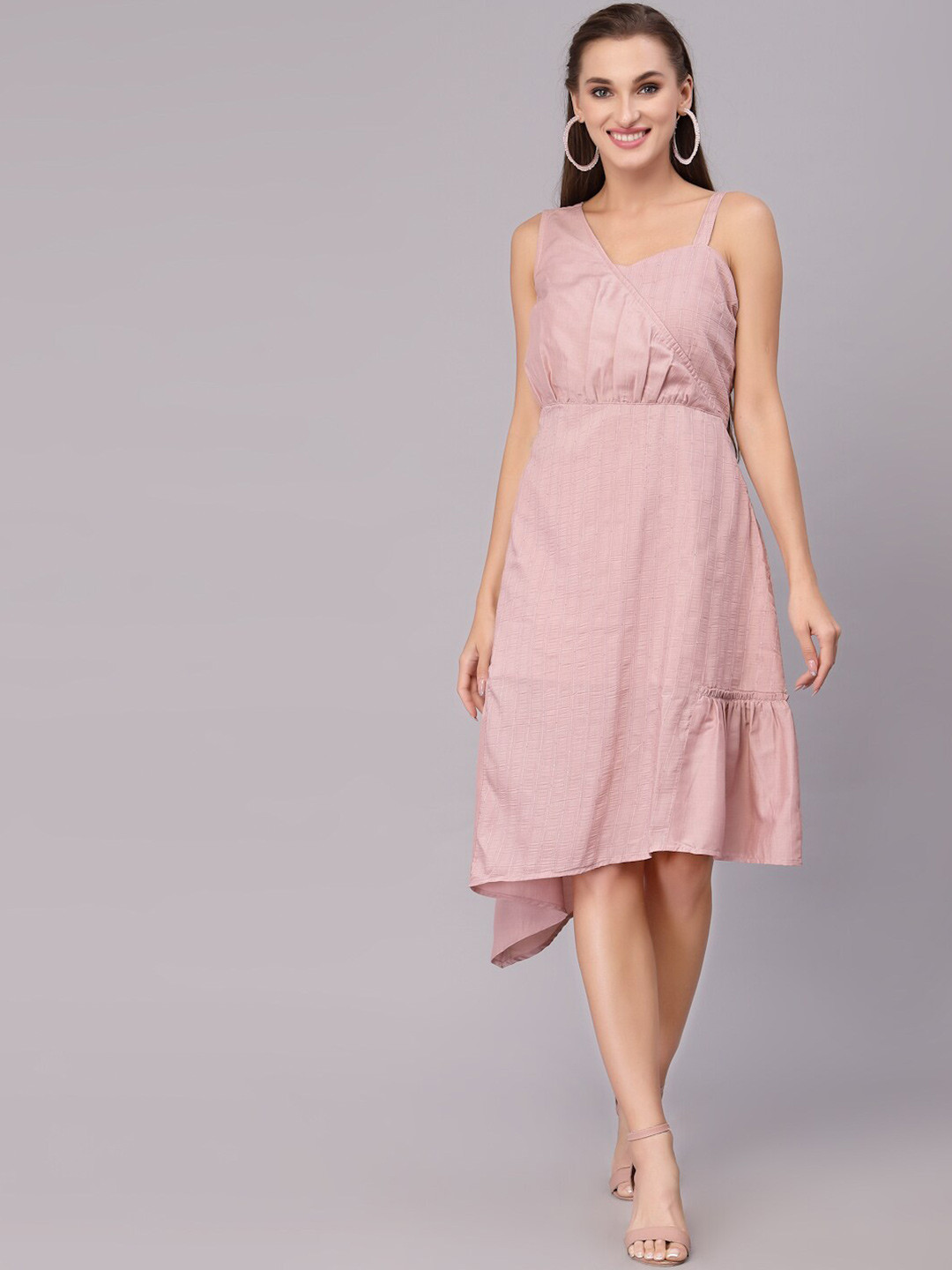 

Ragavi Striped Asymmetric Neck Sleeveless Cotton Wrap Dress, Pink