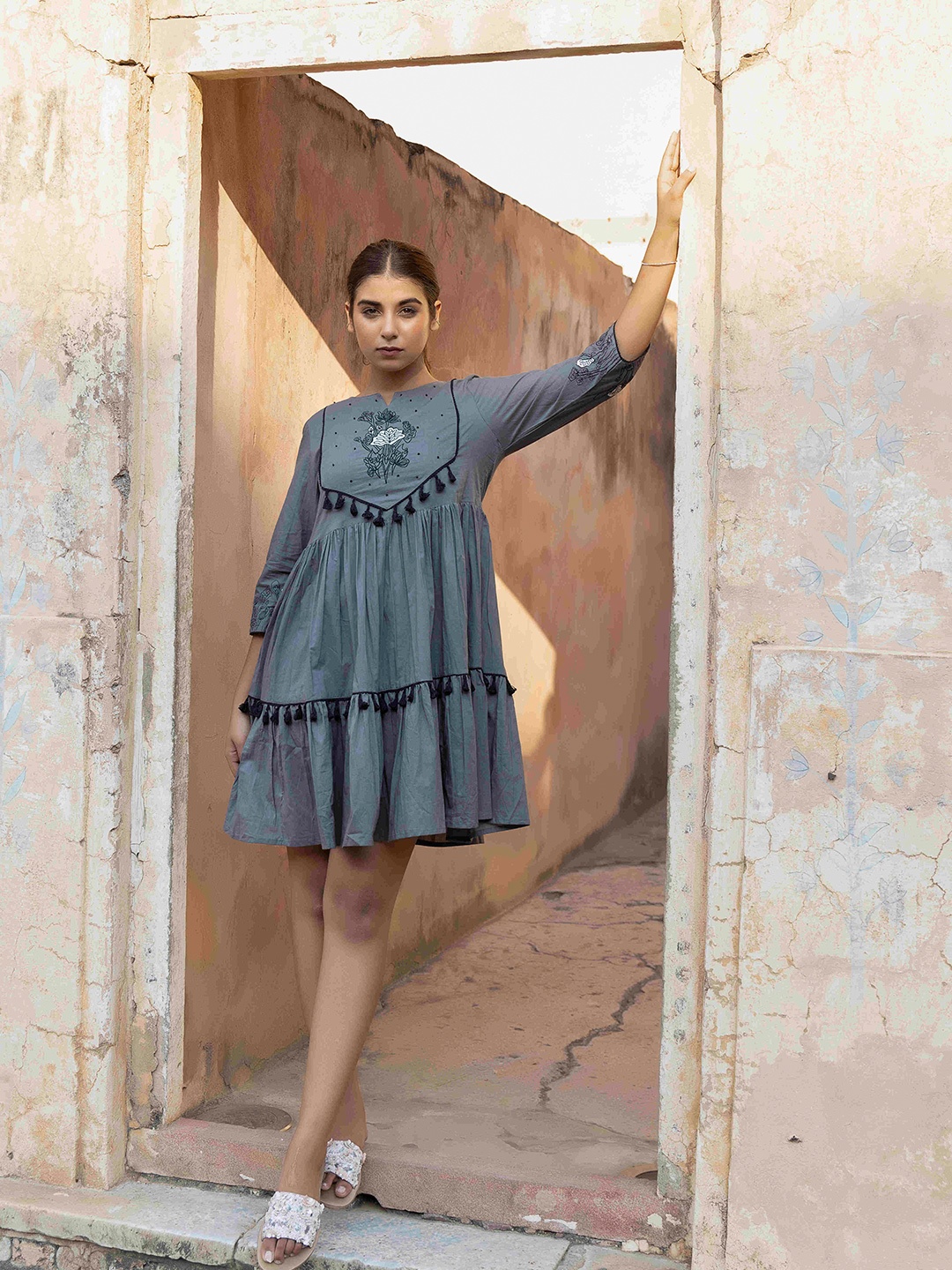 

Ragavi Embroidered Tiered Details Cotton Fit & Flare Dress, Grey