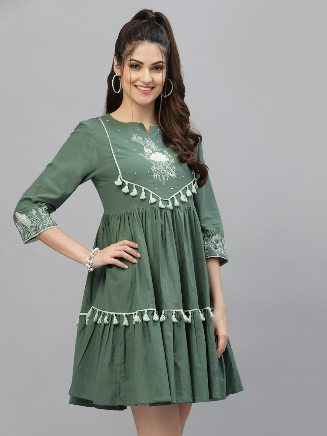 

Ragavi Embroidered Tiered Details Cotton Fit & Flare Dress, Olive