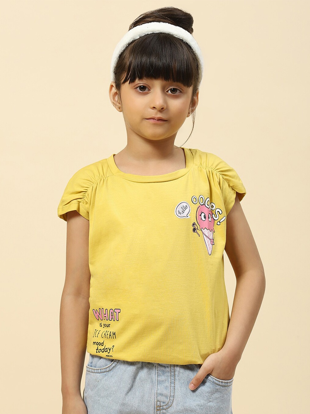 

Monte Carlo Girls Graphic Printed Raglan Sleeves Cotton Top, Yellow
