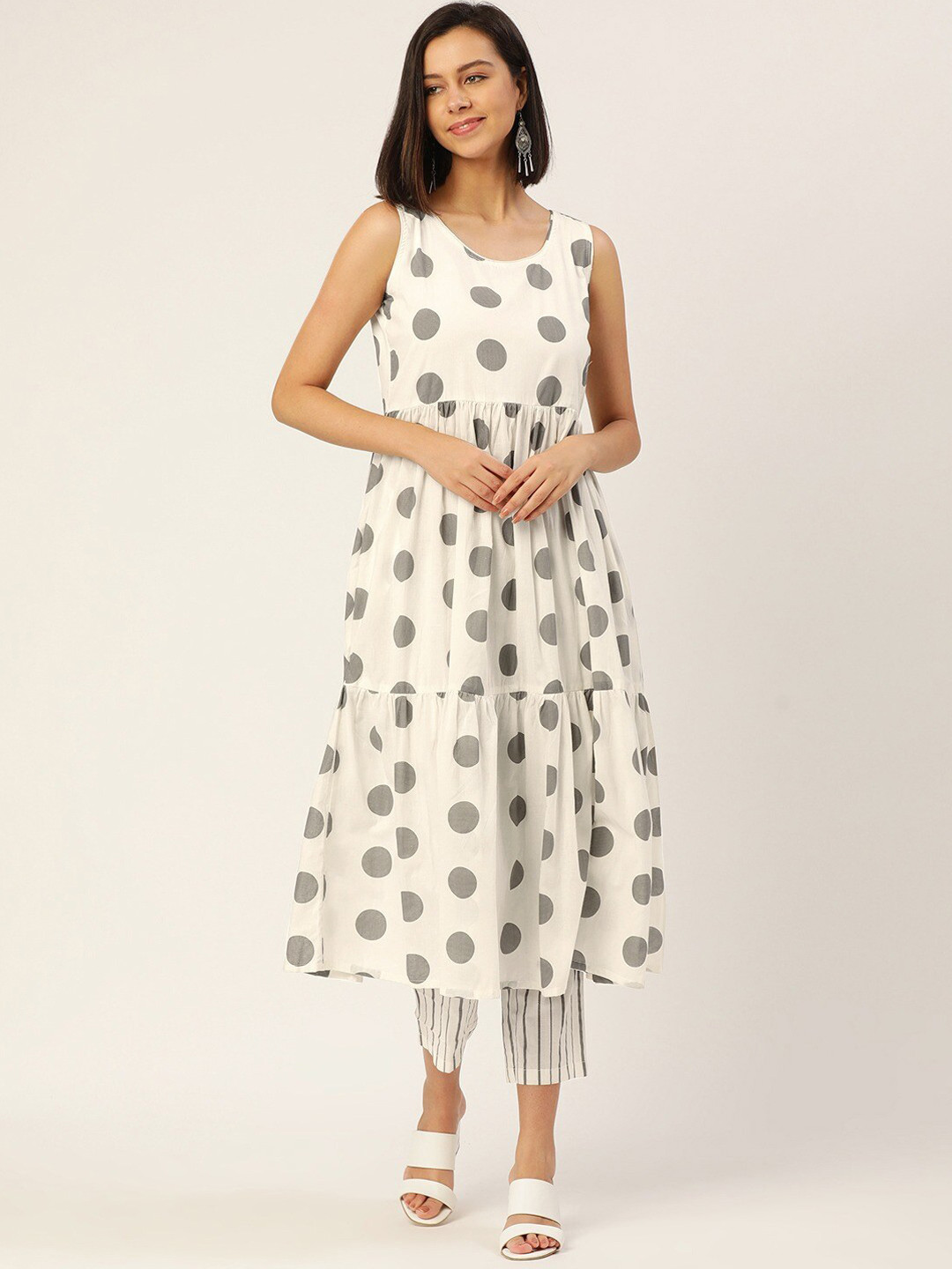 

KALINI Polka Dots Printed Pure Cotton Kurta With Trousers, White