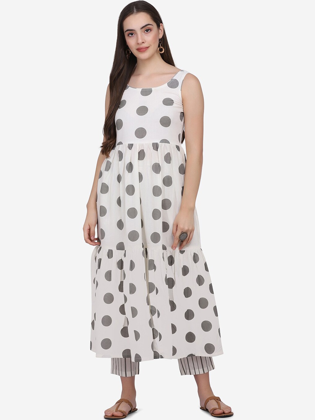 

KALINI Polka Dots Printed Sleeveless Pure Cotton Kurta With Striped Trousers, White