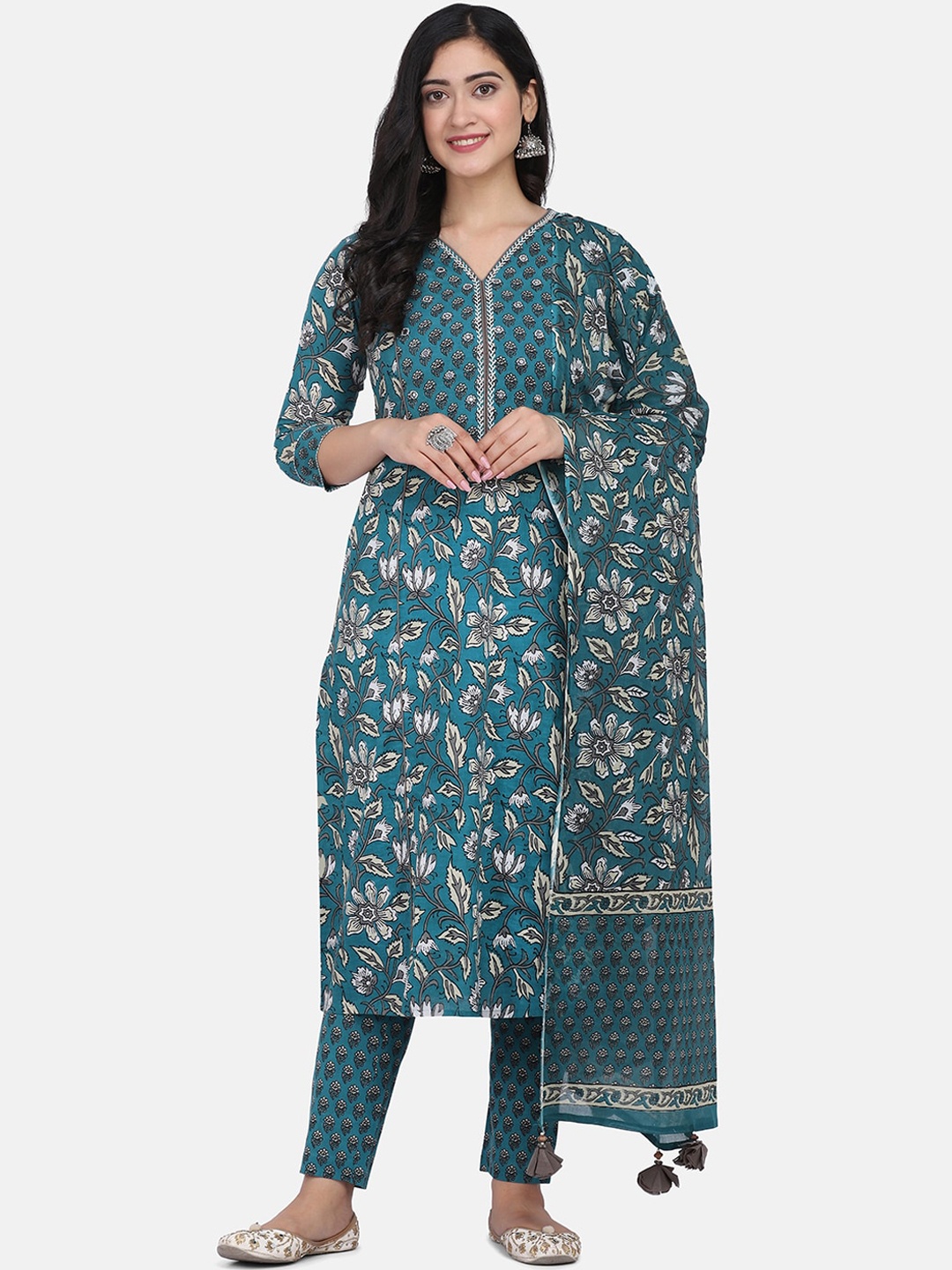 

KALINI Floral Printed Pure Cotton Kurta With Trousers & Dupatta, Turquoise blue